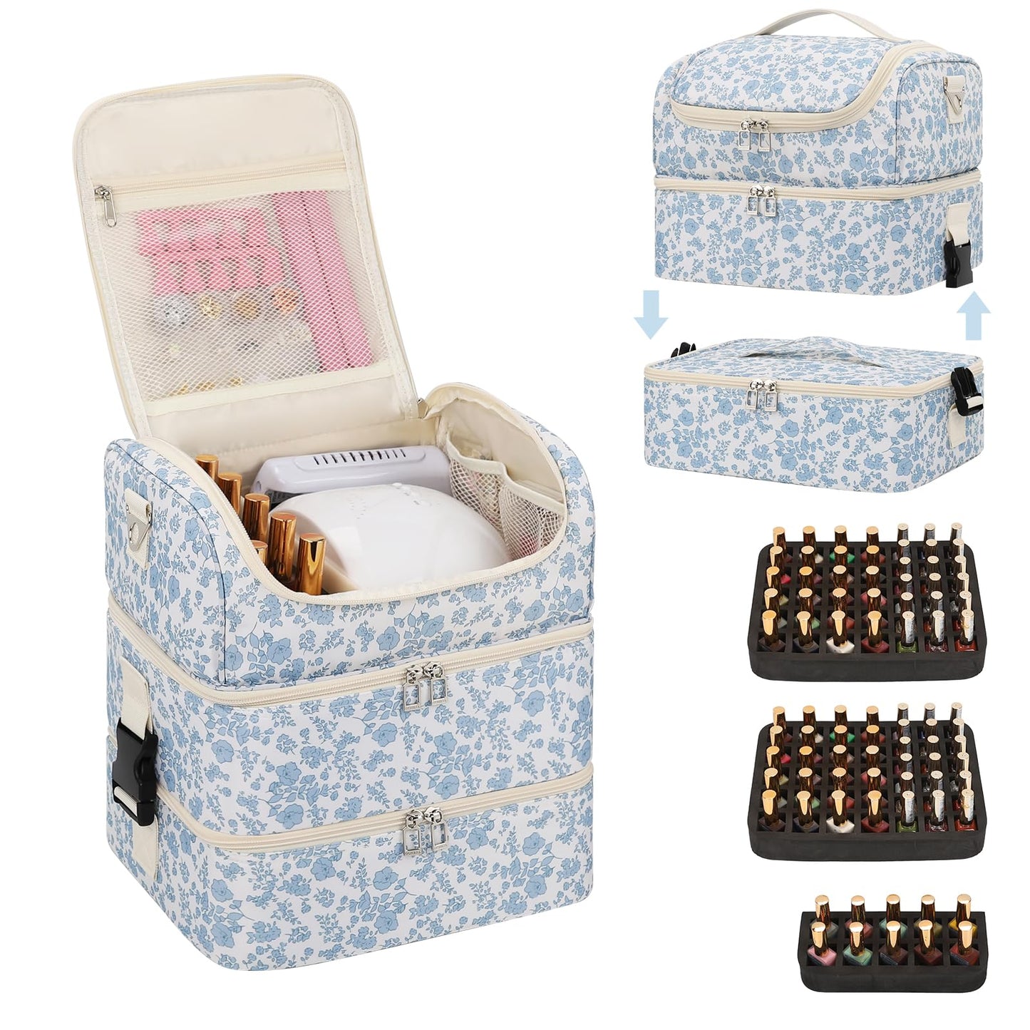 Extra Large Nail Polish Organizer - Three Layer Nail Organizers And Storage Bag, Portable Nail Supplies Organizer Case, Nail Tech Kit Travel Carrying Box with Shoulder Strap (Floral Blue, 86 Slots)
