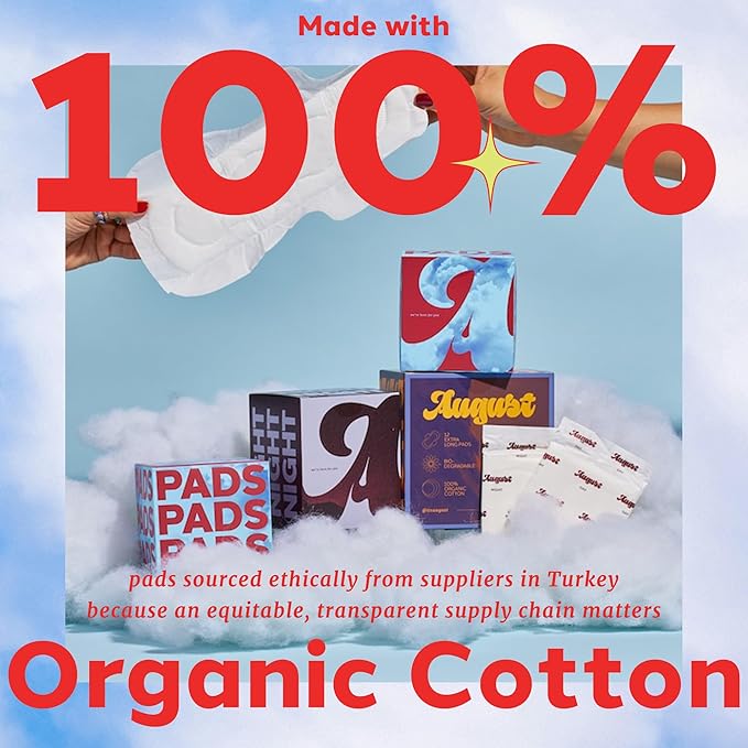 August Organic Menstrual Pads - Super Absorbency, 96 HSA FSA Eligible, Fragrance Free, Hypoallergenic Pads with Wings (6 Boxes of 16)