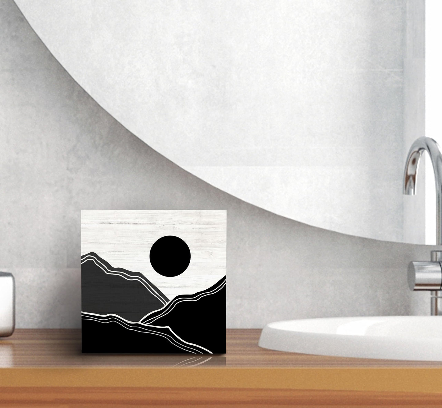 SRADMO Abstract Black and White Boho Sun Mountains Wood Box Sign Desk Decor, Bohemian Nature Landscape Wooden Block Box Sign Decoration for Home Office Shelf Table Decorative Accessories