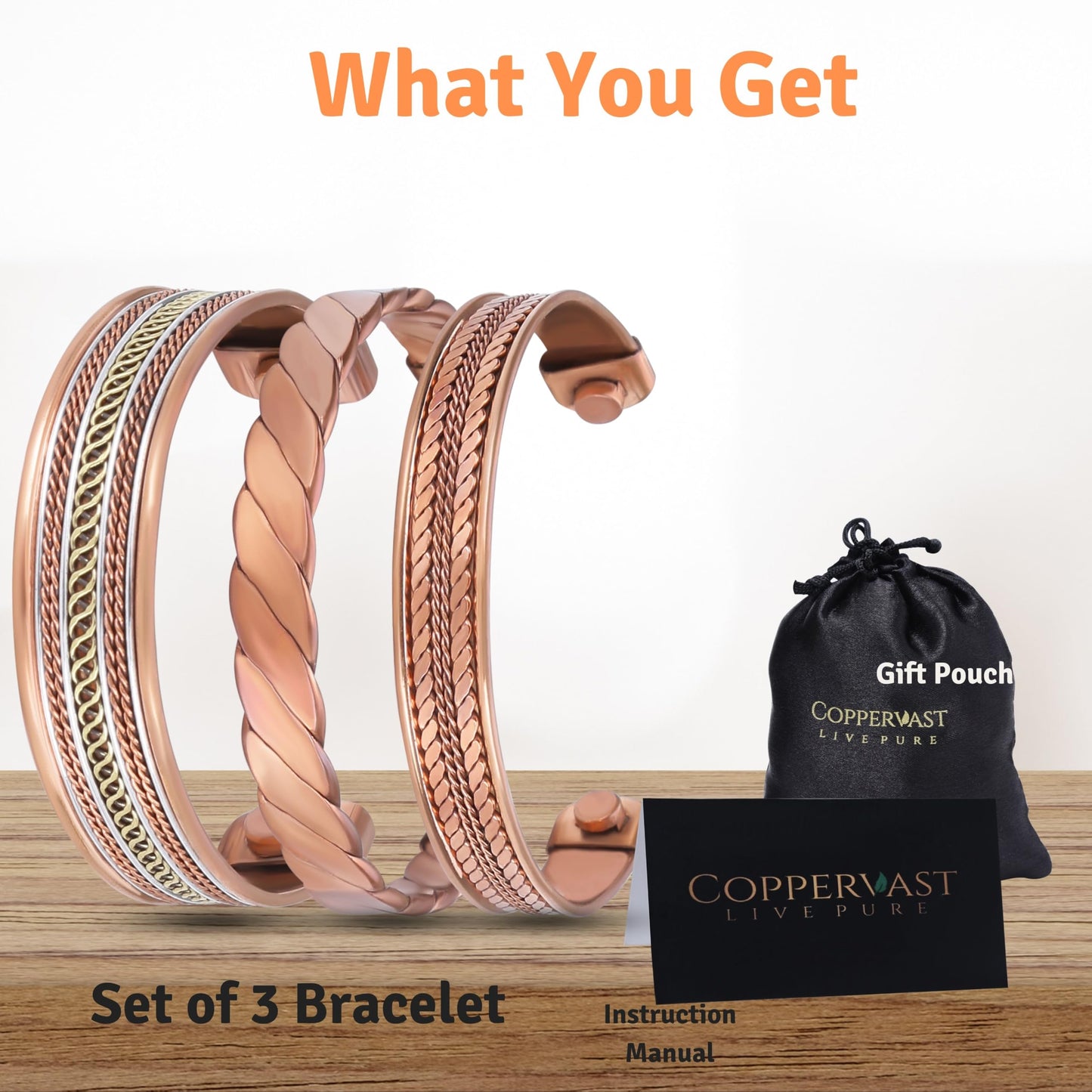 Coppervast Copper Bracelets- for Men and Women| Set of 3 with Gift Box |Gift for Men & Women | Gift for Mom -Handmade 100% Copper (Braided)