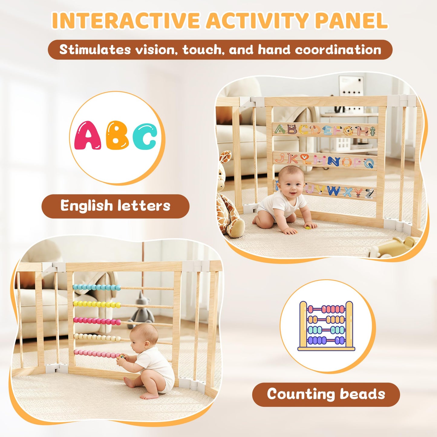 COCO DESIGN Baby Wooden Playpen, 10 Panel Foldable Play Yard with Door Panel and Built-in Toys, Adjustable Size & Shape Portable Play Yard for Babies and Toddlers (10 Panels)