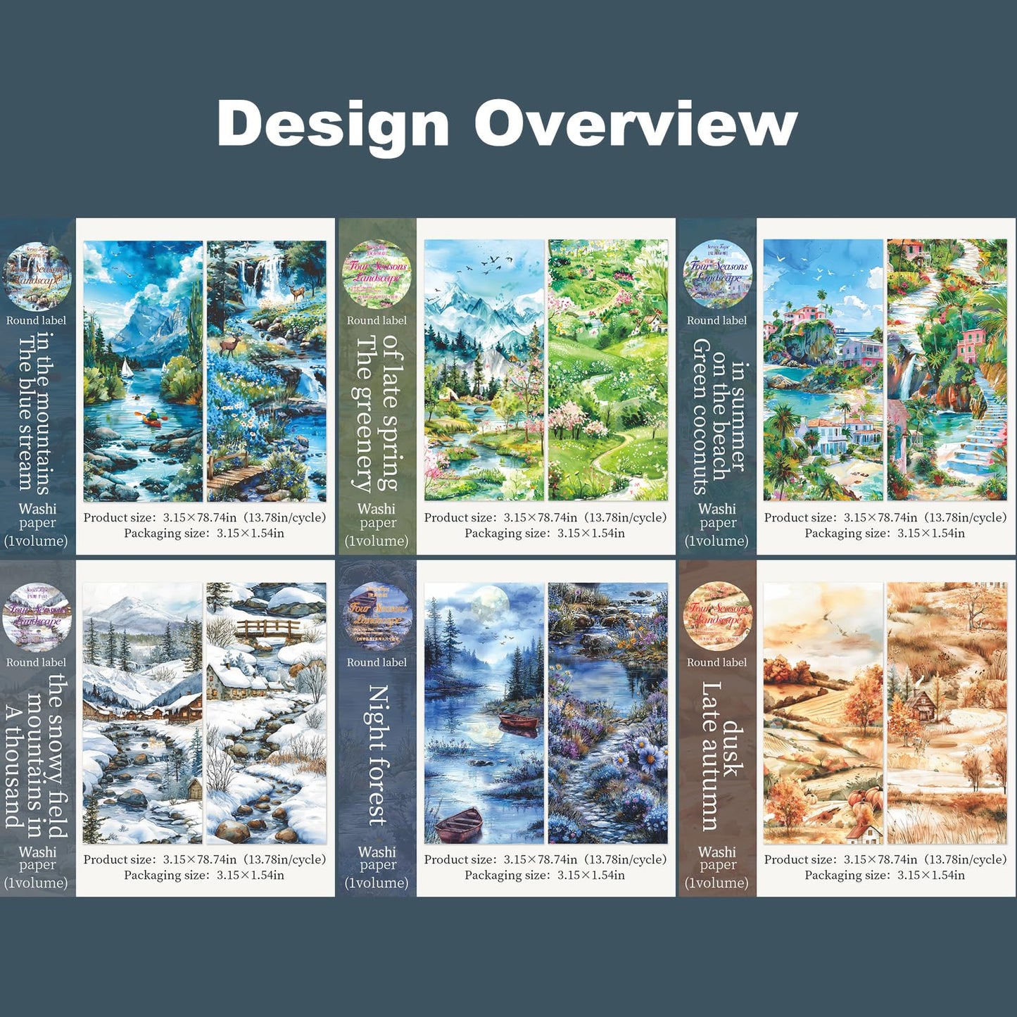 MiyouLuna 6 Rolls Seasons Landscape Washi Tape Set, 3.15in Large Nature Sticker Tape with Clip for Journaling, Scrapbooking, Planner Decoration, DIY Crafts and Art Projects