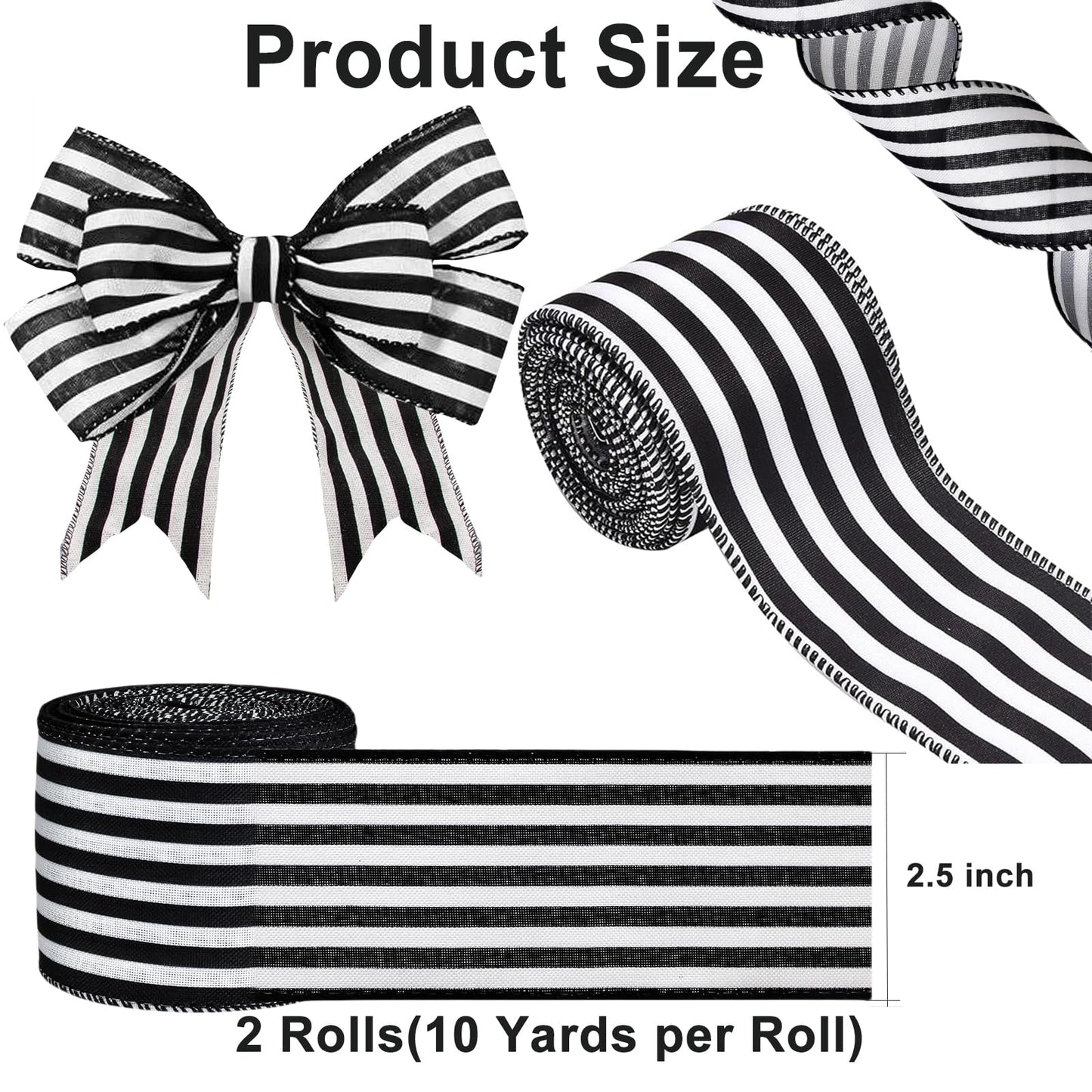 Mupera Black & White Striped Wired Burlap Ribbon 2.5 Inch 20 Yards Total, 2 Rolls x 10 Yards Each, Natural Jute for Wreaths, Big Bows, Christmas Tree, Gift Wrapping, No Fray Easy Shape
