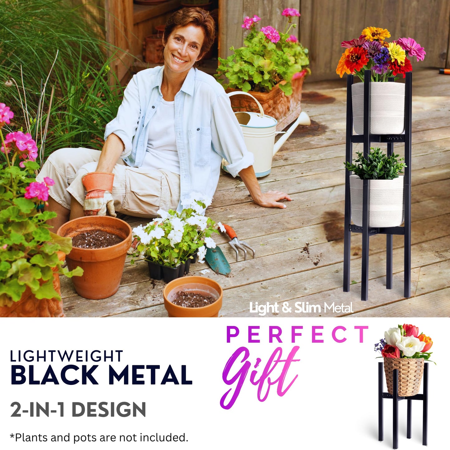 Adjustable 2-Tier Metal Plant Stand Indoor Outdoor- Set of 2 stackable plant shelfs. Heavy Duty Plant stands outdoor rustproof. Flower stand suitable for 8–12 Inch Pots by iSpaces