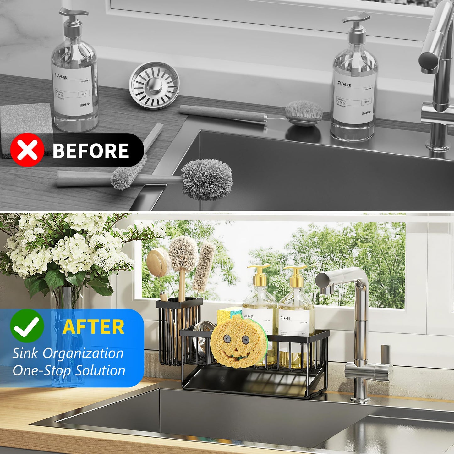 Cisily Kitchen Sink Caddy Organzier with High Brush Holder, Sponge Holder for Sink, 304 Rustproof Stainless, Kitchen Countertop Soap Dispenser Organizer (Black With Smiley Face Holder, 9.25″)