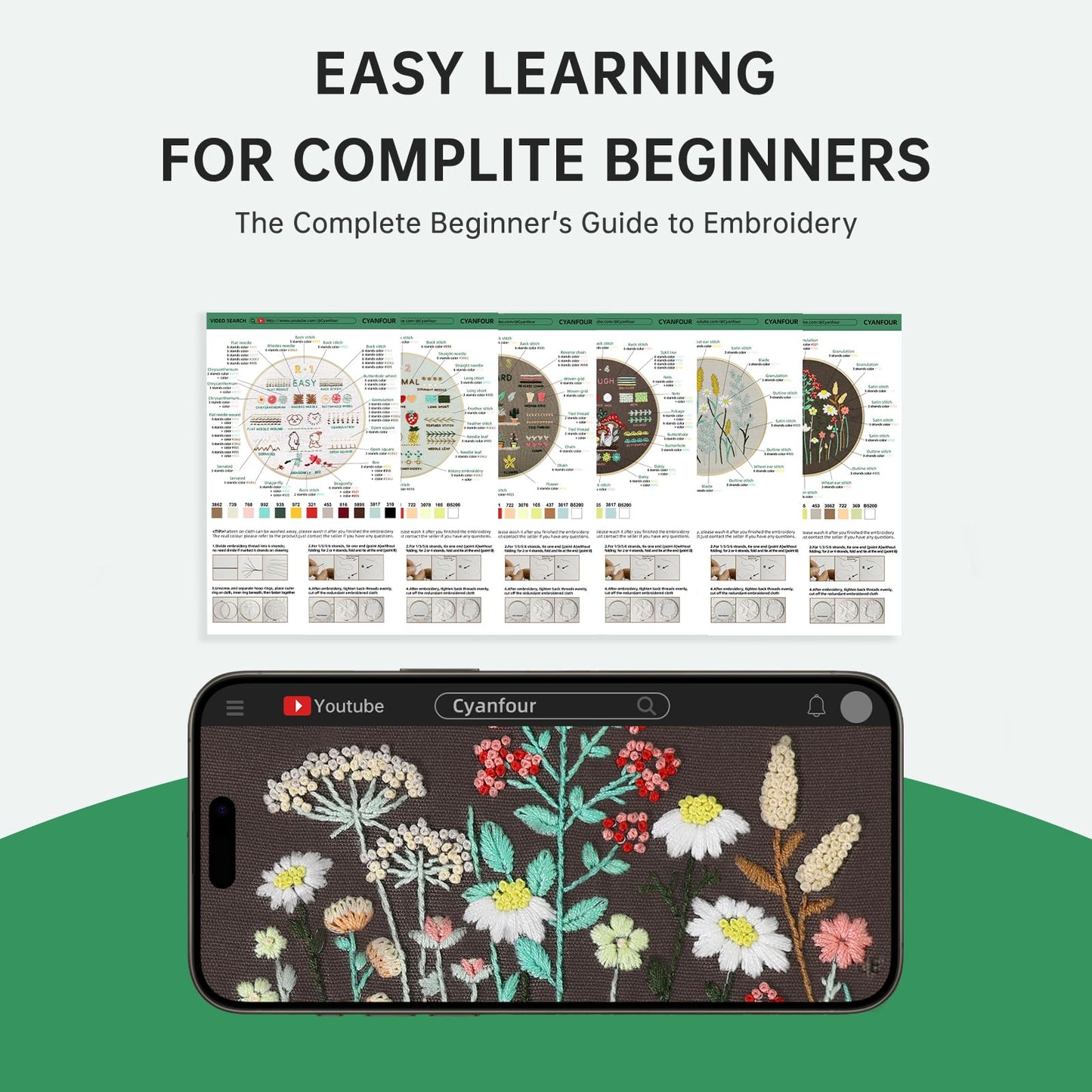 CYANFOUR 6 Stage Embroidery Kit for Beginners Adults, Easy to Learn 38 Different Stitches from Instruction & Video, Needlepoint Kits for Adults with Stamped Embroidery Patterns