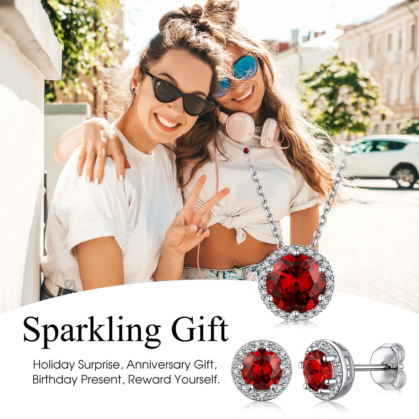 Bestyle 925 Sterling Silver Created Diamond Earrings Round Studs for Women, 5mm January Granet Birthstone Gem Earrings Illuminated by 1mm White Cubic Zirconia