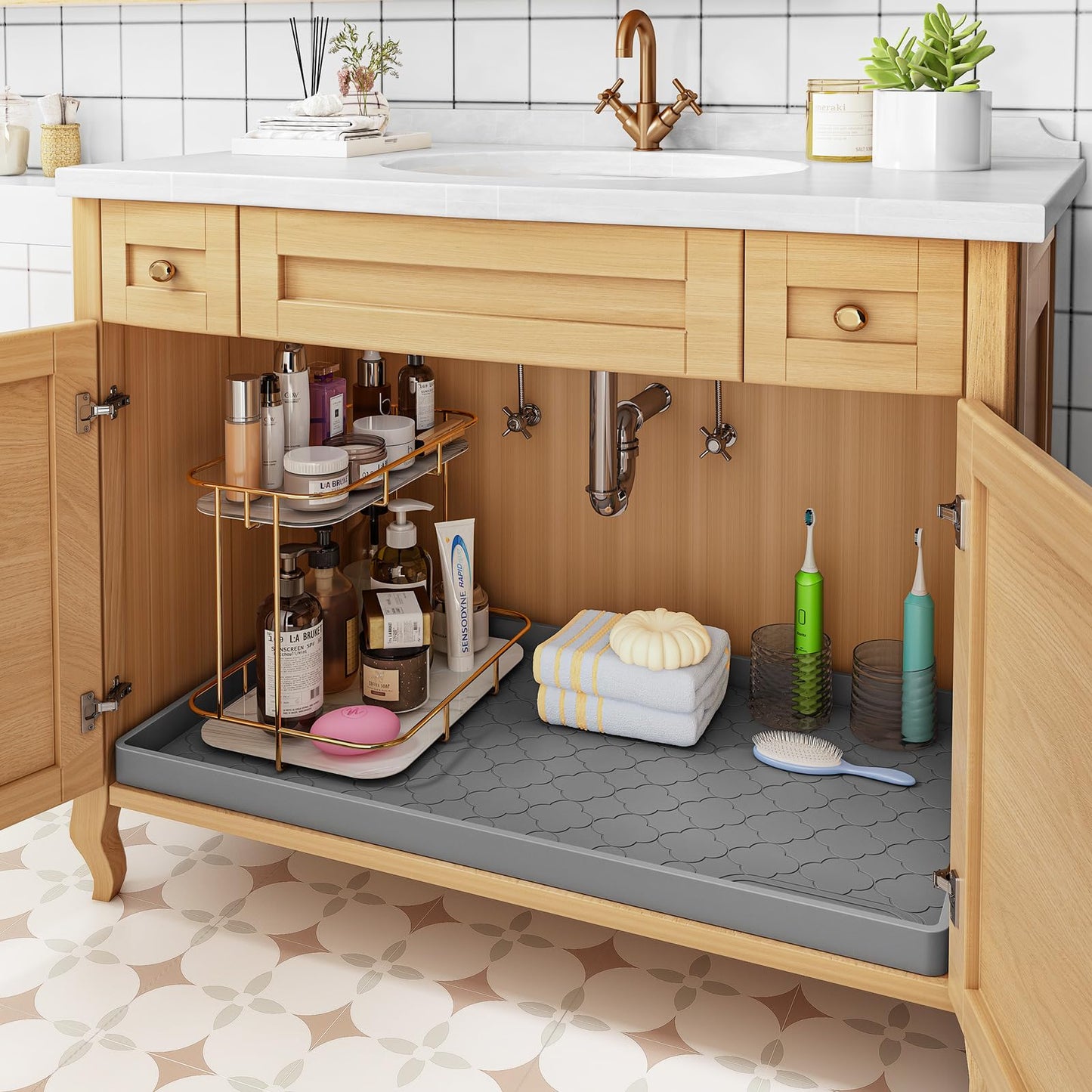 Jin&Bao Waterproof Under Sink Mat 34" x 22", Thick Silicone Mat Cabinet Protector for Kitchen and Bathroom, Shelf Liner, Home Organizer and Storage, Multipurpose Tray for Gadgets and Essentials