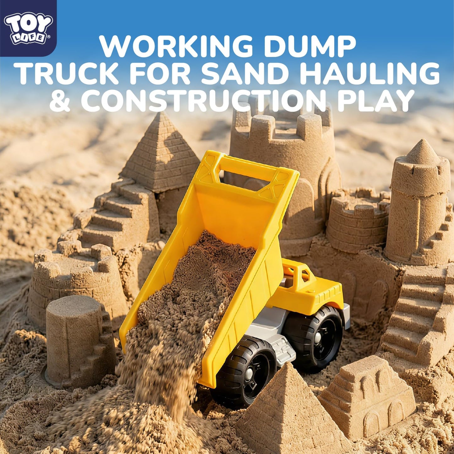 TOY Life 23 Pcs Beach Toys for Kids Sand Toys with Construction Cars Castle Bucket Shovels & Sand Castle Building Kit Molds, Sandbox Toy for Summer Water Play, Travel, Fishing