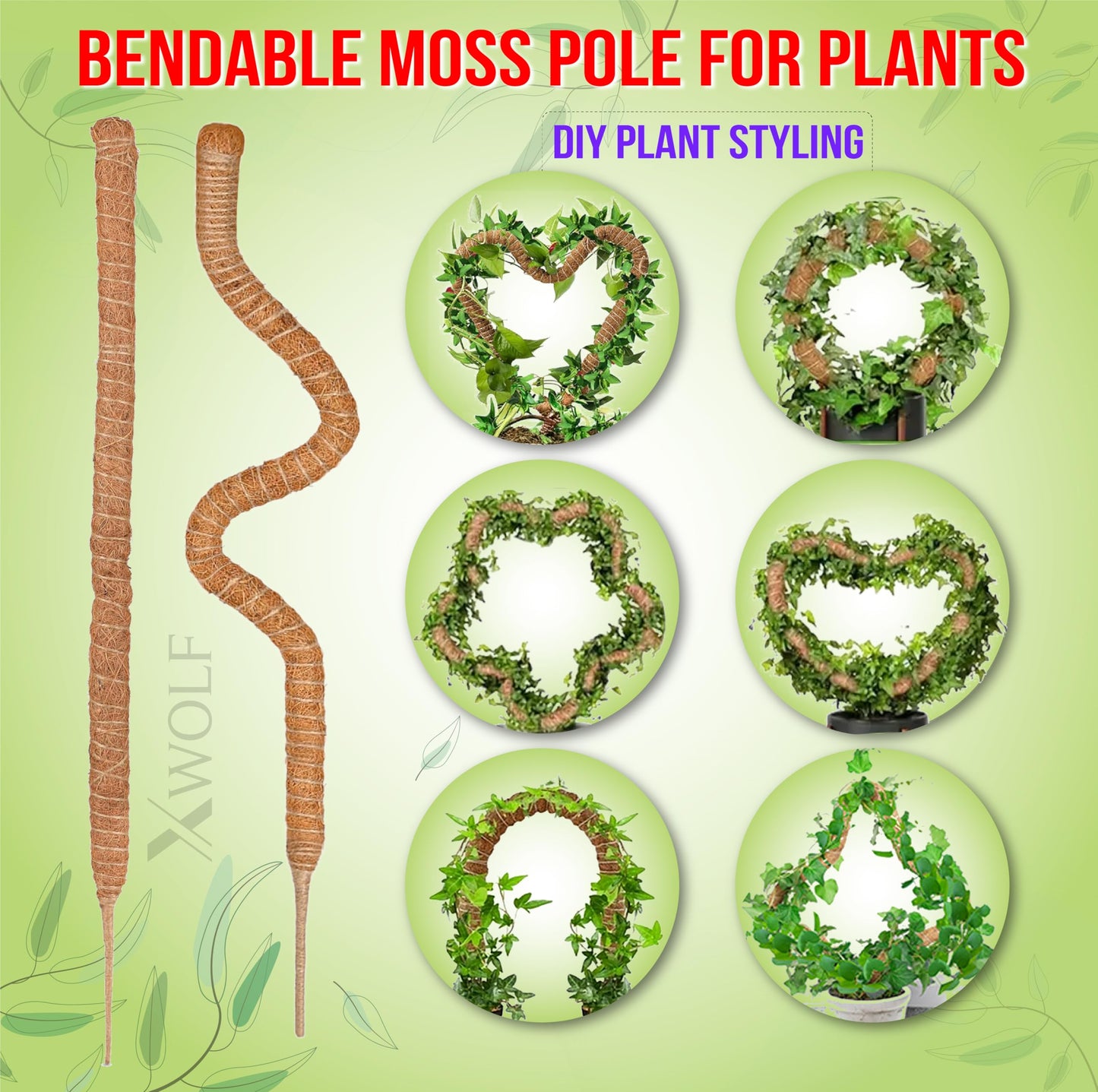 XWOLF 3 Pack Bendable Moss Pole 28" 48" 63" Monstera Plant Support for Climbing Indoor Plants, Tall Coir Plant Pole Sticks & Plant Stakes for Pothos, Philodendron & Potted Plants, Includes Plant Ties