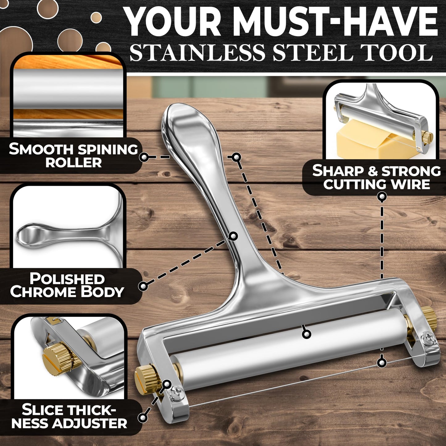 Cheese Slicer Wire - Sharp & Strong Stainless Steel Cheese Cutter Handheld with 2 Extra Wires, Slice Tickness Adjuster, Comfortable Handle & Dishwasher Safe, for Mozzarella, Cheddar & Gruyere Slicing