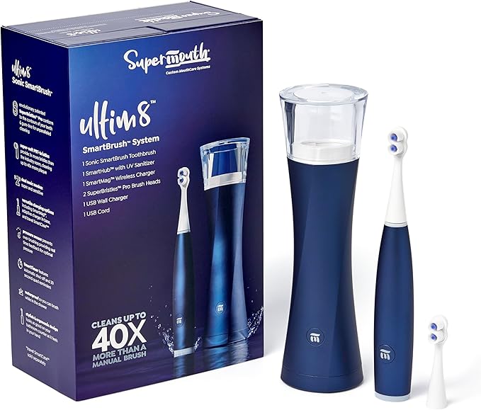SuperMouth® ULTIM8 SmartBrush™ System -Electric Toothbrush, Patented SuperBristles® Clean 40X Better, UV Sanitizing & Drying SmartHub®, Dual Sonic Modes, Pressure Sensor -Teens & Adults-Sapphire Blue