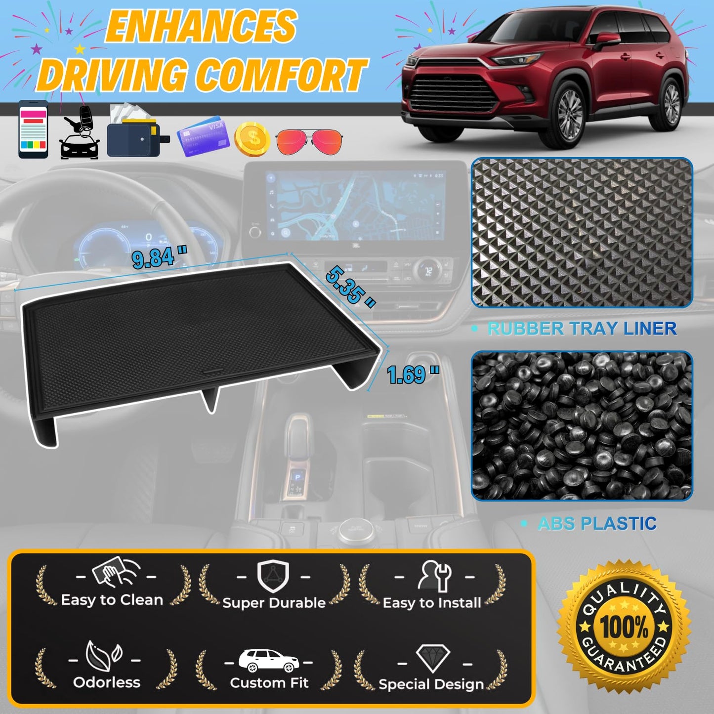Qlhshop Middle Center Console Organizer for Toyota Grand Highlander 2026 2025 2024 Front Console Insert Divider Tray Secondary Storage Cubby Interior Accessories - (Not for Highlander)