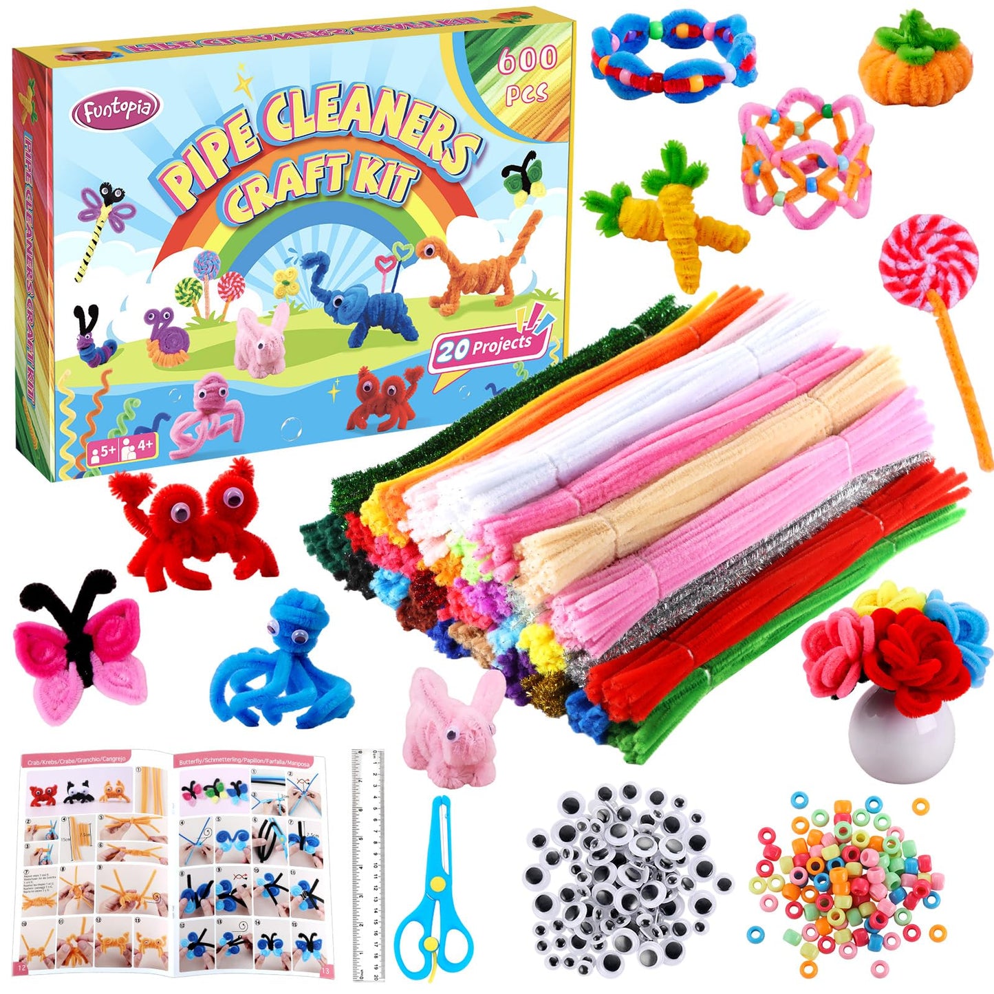 800pcs Pipe Cleaners Crafts Kit, 30 Colors Pipe Cleaners Bulk with 20 Designs Instruction Book, Colorful Chenille Stems for Animal Flower Creative Projects DIY, Arts and Crafts for Kids Ages 4-12