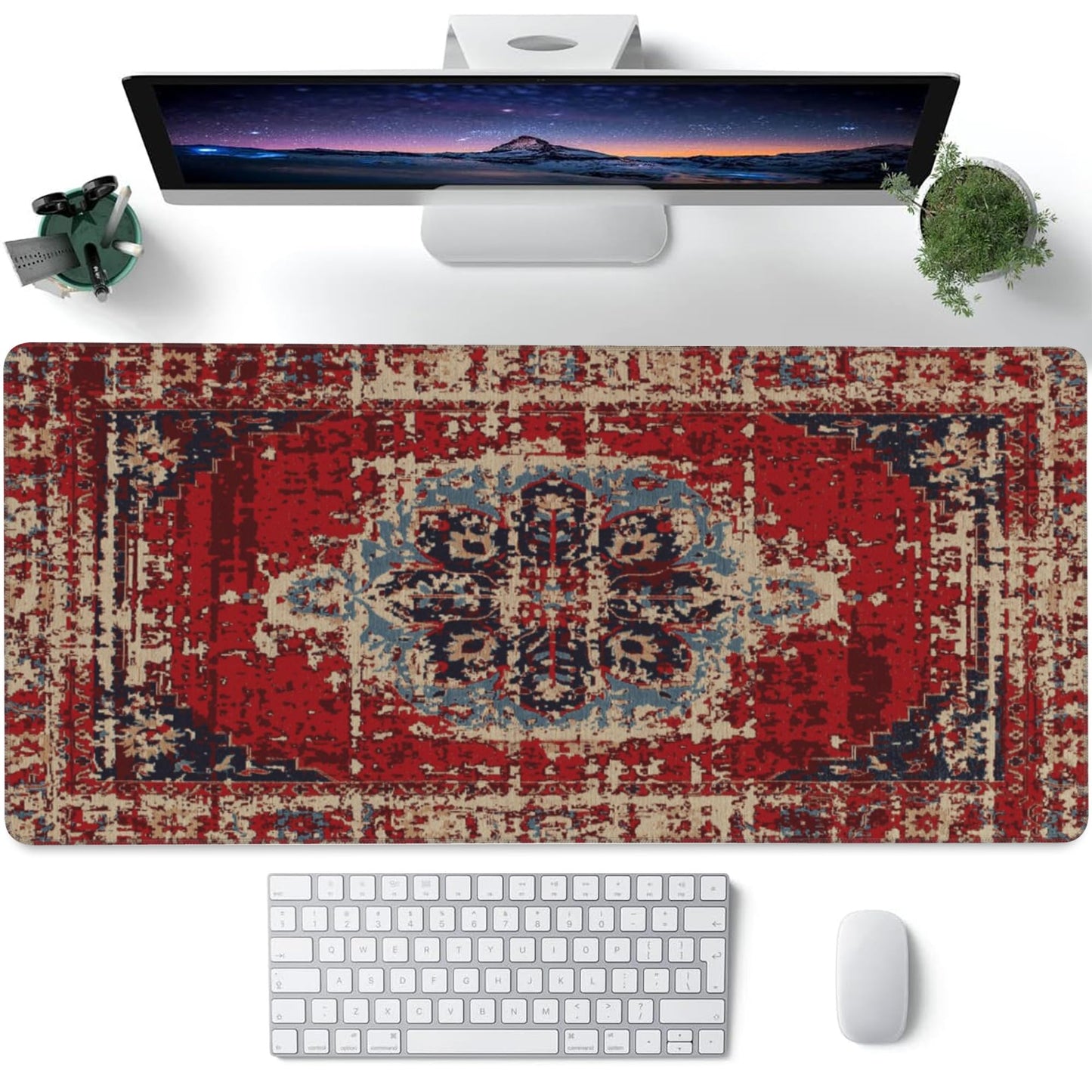 Desk Mat,Boho Carpet Style Large Gaming Mouse Pad for Desk XXL,Bohemian Rug Desk Pad,Extended Big Computer Keyboard Mouse Pad with Non-Slip Base and Stitched Edges 35.4"x15.7"