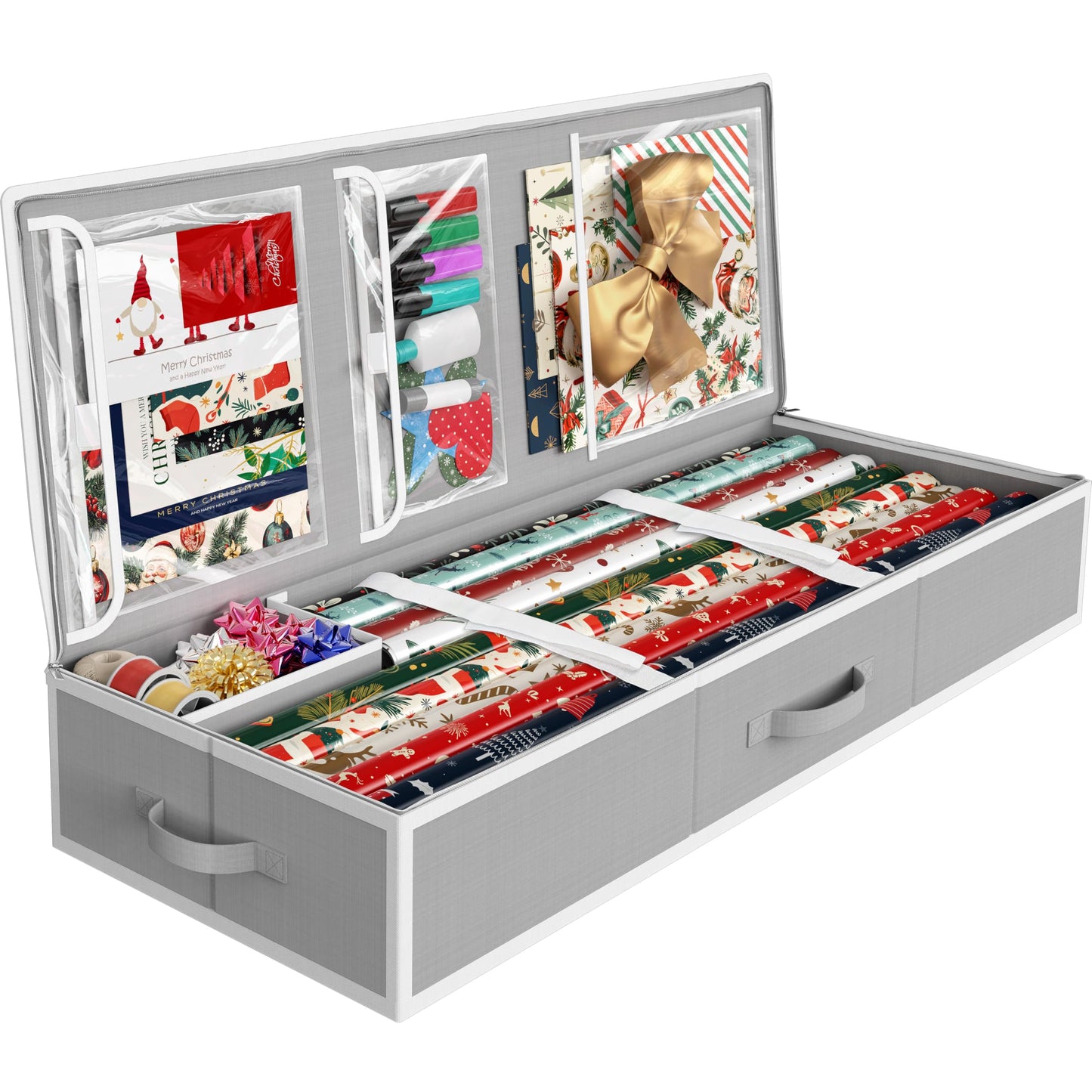 Simple Houseware 41.5" Wrapping Paper Storage Organizer - Fits 40 Rolls with Adjustable Straps, Interior Divider for Ribbons & Bows, 3 Clear Pockets for Gift Bags & Tools, 41.5''L x 16''W, Gray