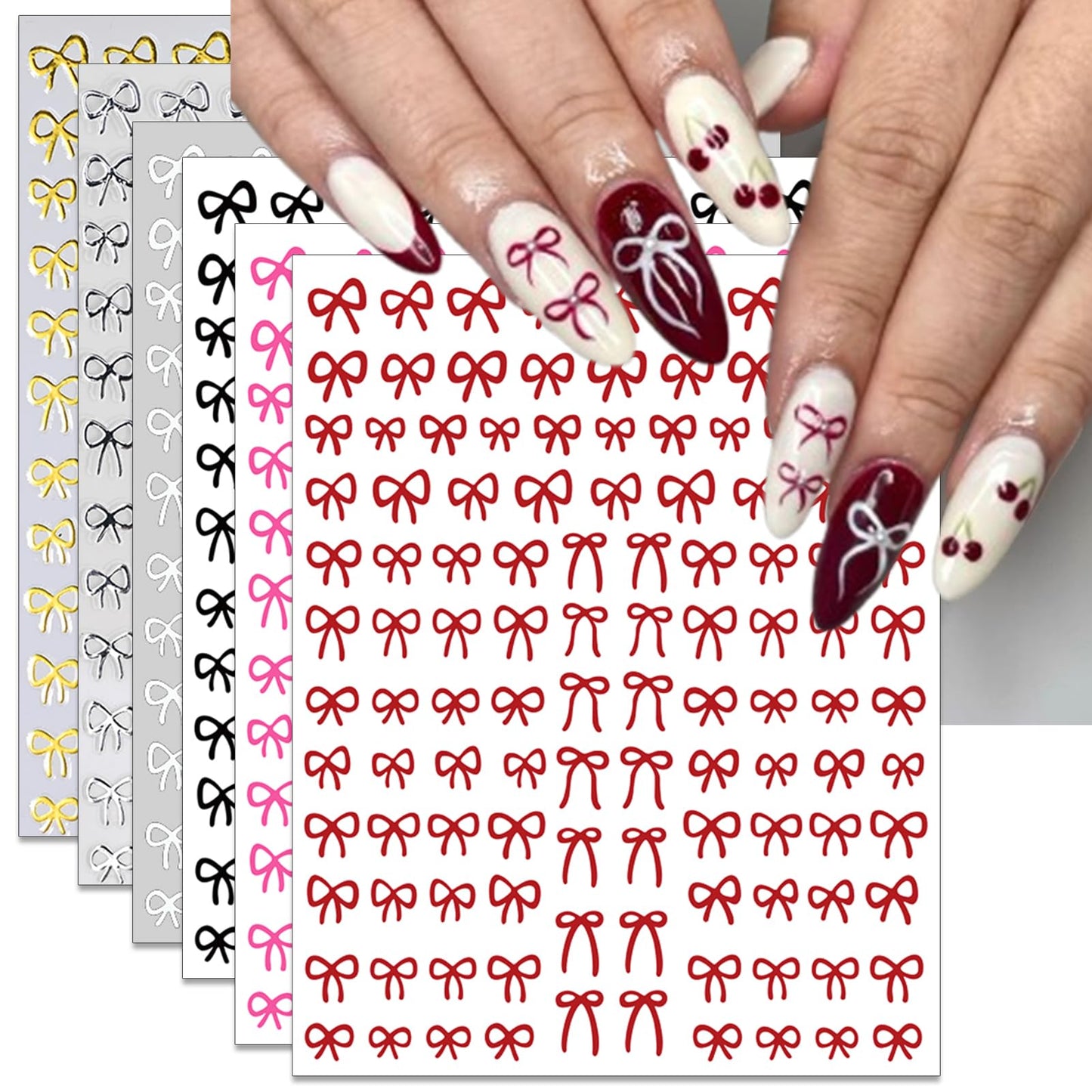 IDDFEVE Bow Nail Art Stickers - Colorful Mini Bow Self-Adhesive Nail Decals for DIY Valentines Day Manicure (6 Sheets)