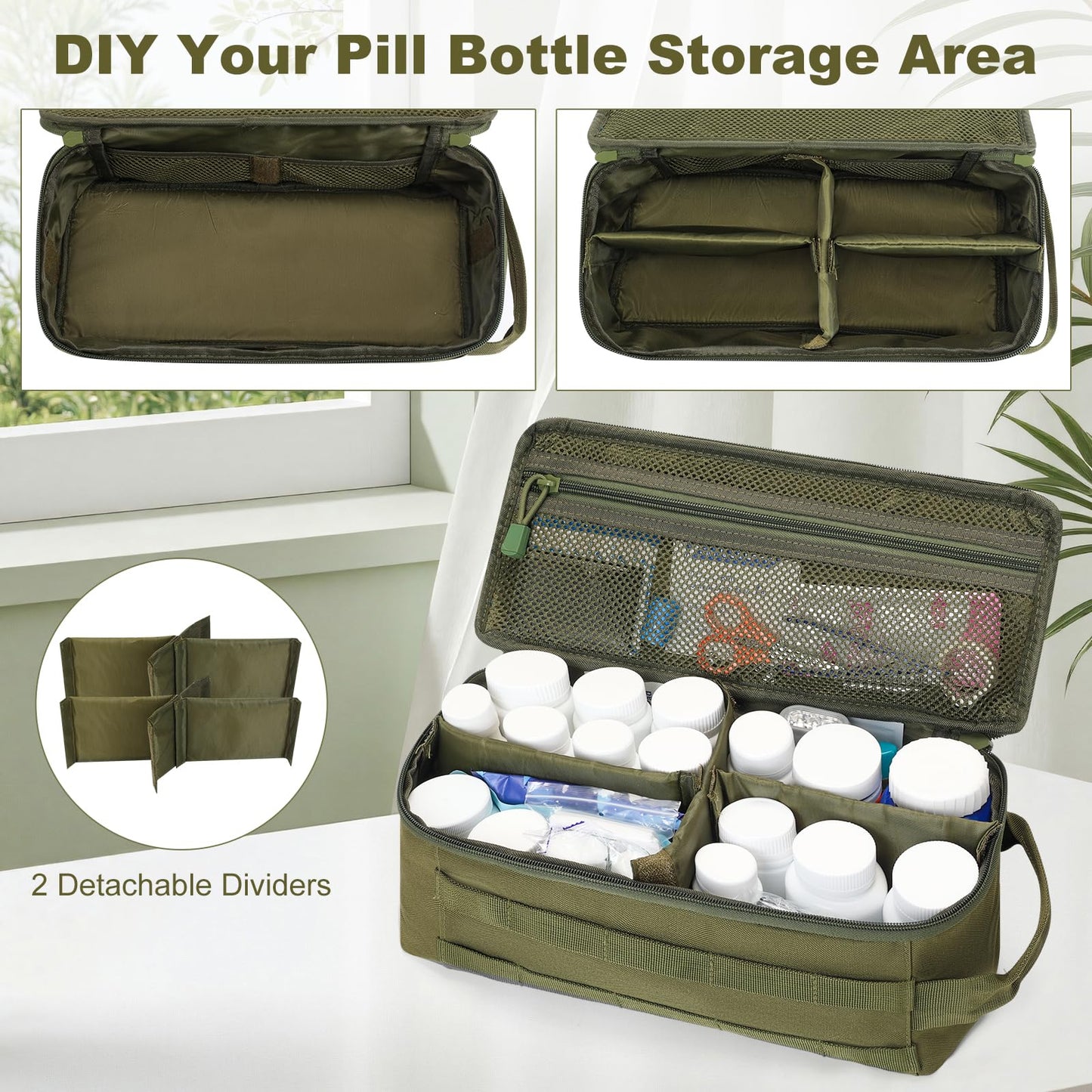 QISVVE First Aid Bag Empty Pill Box Organizer,Tactical Medical Bag Case,Portable EDC Travel Medicine Pill Bottle Organizer (Green)