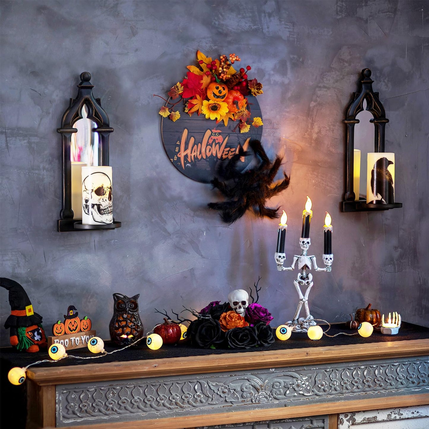 Walasis Candle Sconces Farmhouse Wall Decor - Black Gothic Dark Mirror Wall Candle Holder for Halloween Art Decorations - Wood Rustic Candles Sconce Set of 2 for Livingroom Fireplace