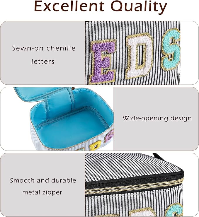 Chenille Letter MEDS Makeup Bag,Large Size Striped Medicine RX Cosmetic Bag with Top Handle, Aesthetic Seersucker First Aid Travel Organizer Bag for Women Girls(04Black)