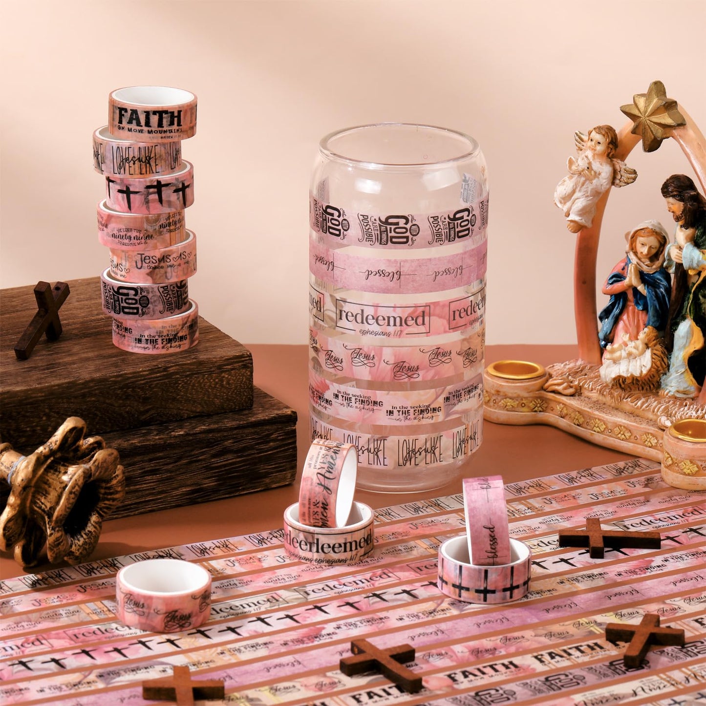 Janlaugh 24 Rolls Christian Washi Tape Gifts Bulk Religious Inspirational Scripture Supplies Pink Bible Verse Washi Tape for Bible Journaling Study DIY Crafting Easter Gifts