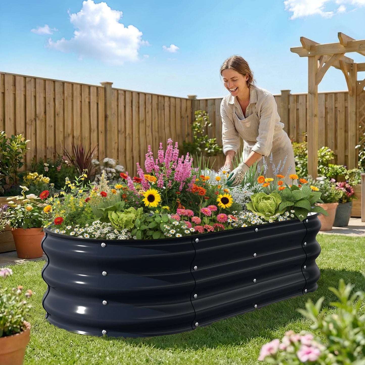 Kesfitt Raised Garden Bed, 4x2x1 FT Galvanized Steel Metal Raised Garden Bed, Oval Open-Bottom Design, 12-Inch Deep for Outdoor Vegetable & Herb Gardening, Midnight Blue