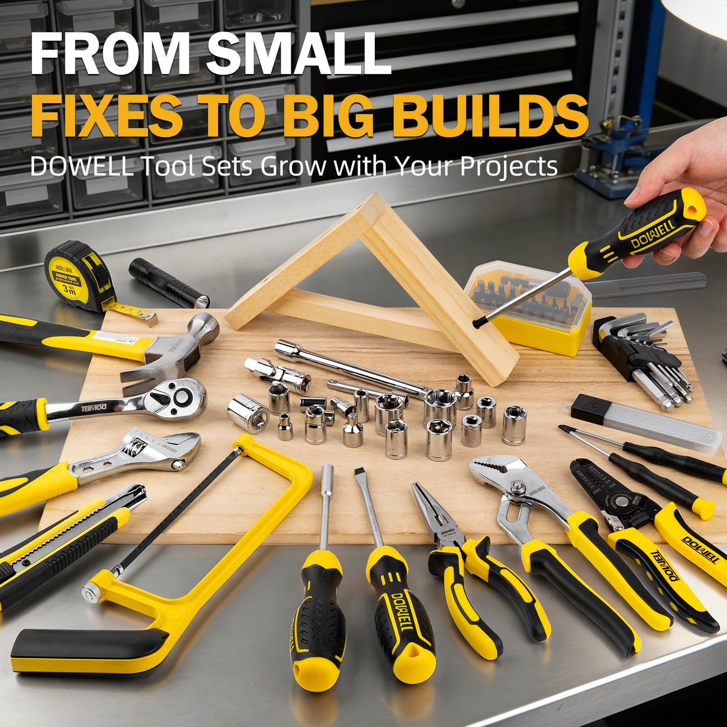 DOWELL 219-Piece Home Tool Set with 3.6V Electric Screwdriver, General Household Tool Kit in Drawer Toolbox for DIY, Furniture Assembly & Repair (Screwdriver, Hex Keys, Wrench, Hammer Included)