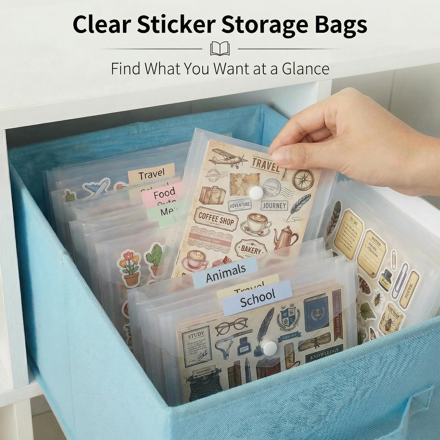Sticker Organizer, Clear Plastic Envelopes with Snap, 12 Pack Waterproof and Durable for Sticker Storage, Scrapbook Storage, Washi Tape, Scrapbooking & Stamping Supplies (9.5 x 4 Inches)