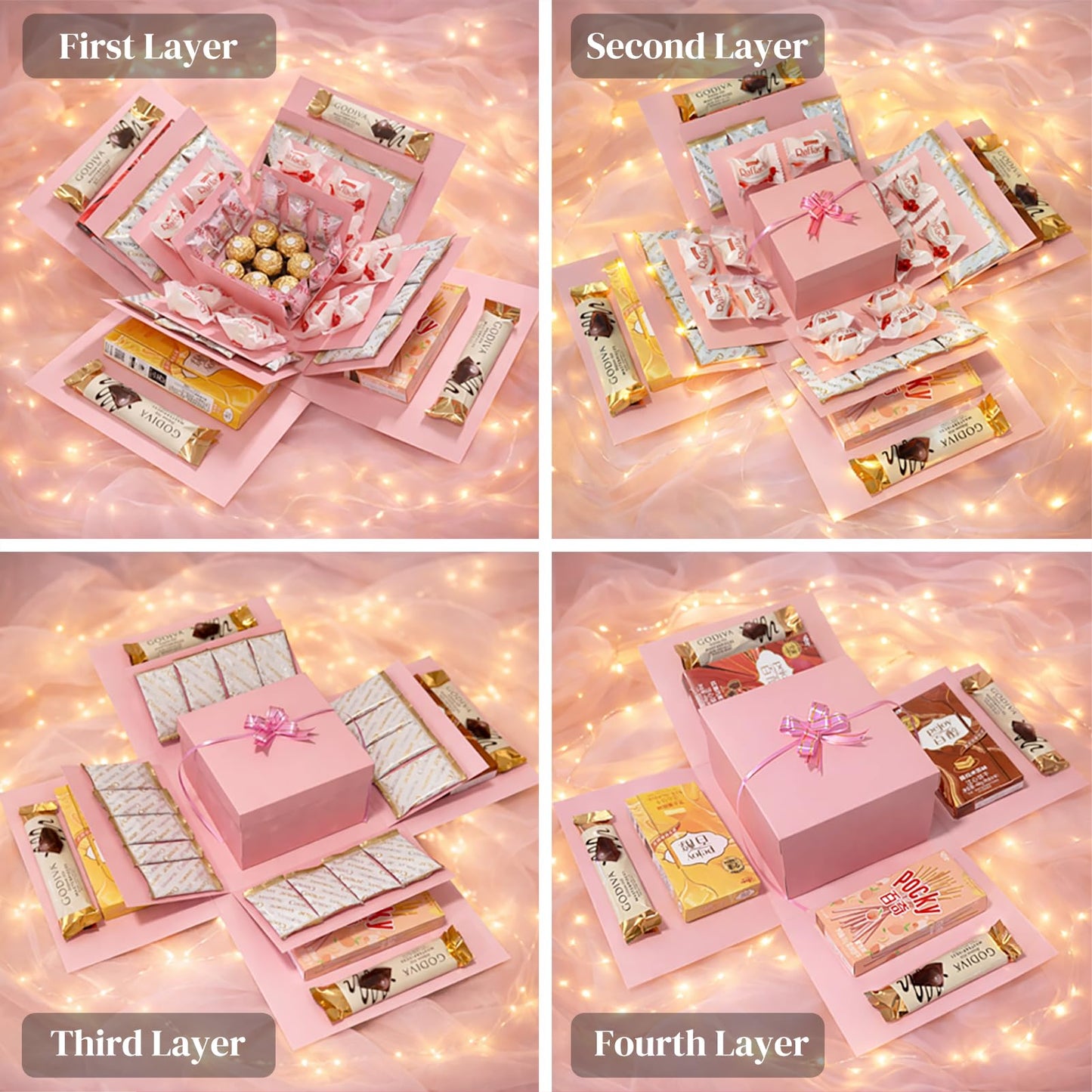 4-Layer Explosion Gift Box, 10''x10''x7'' Pink Creative Gift Boxes for Presents, DIY Surprise Gift Box Explosion for Birthday Birthday Easter Mother's Day and Father's Day Anniversaries (Pink)