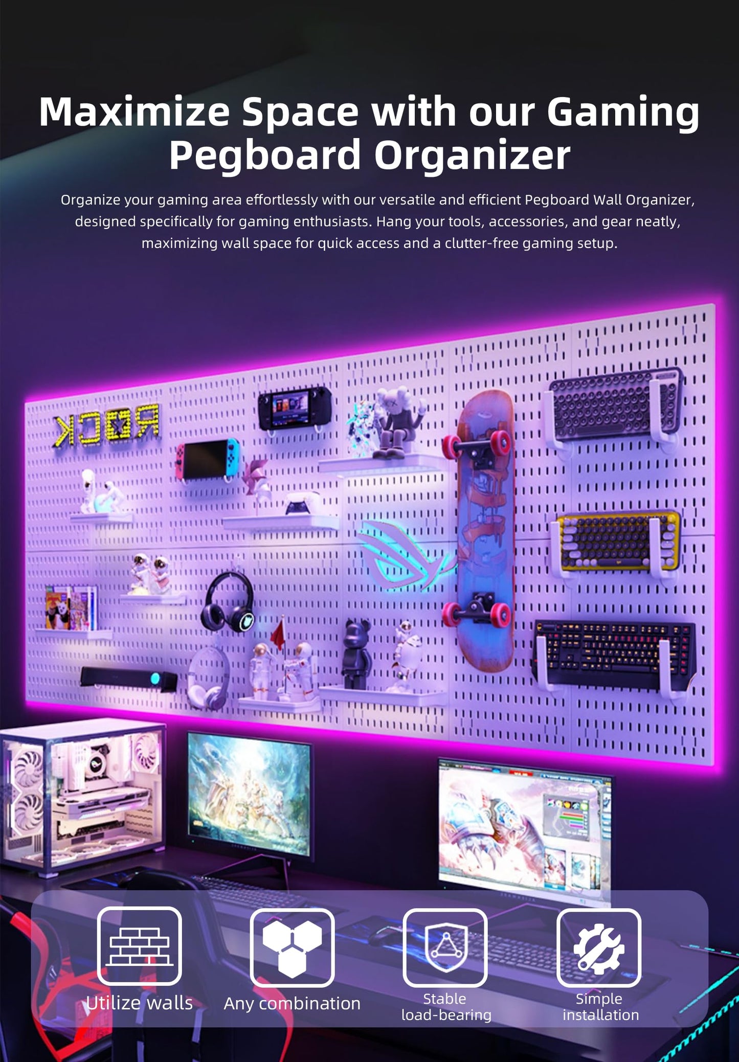 EVDBOBO Wall Organizer Peg Board - Elevate And Declutter Your Gaming And Office - Create A Perfectly Structured Space(Black)