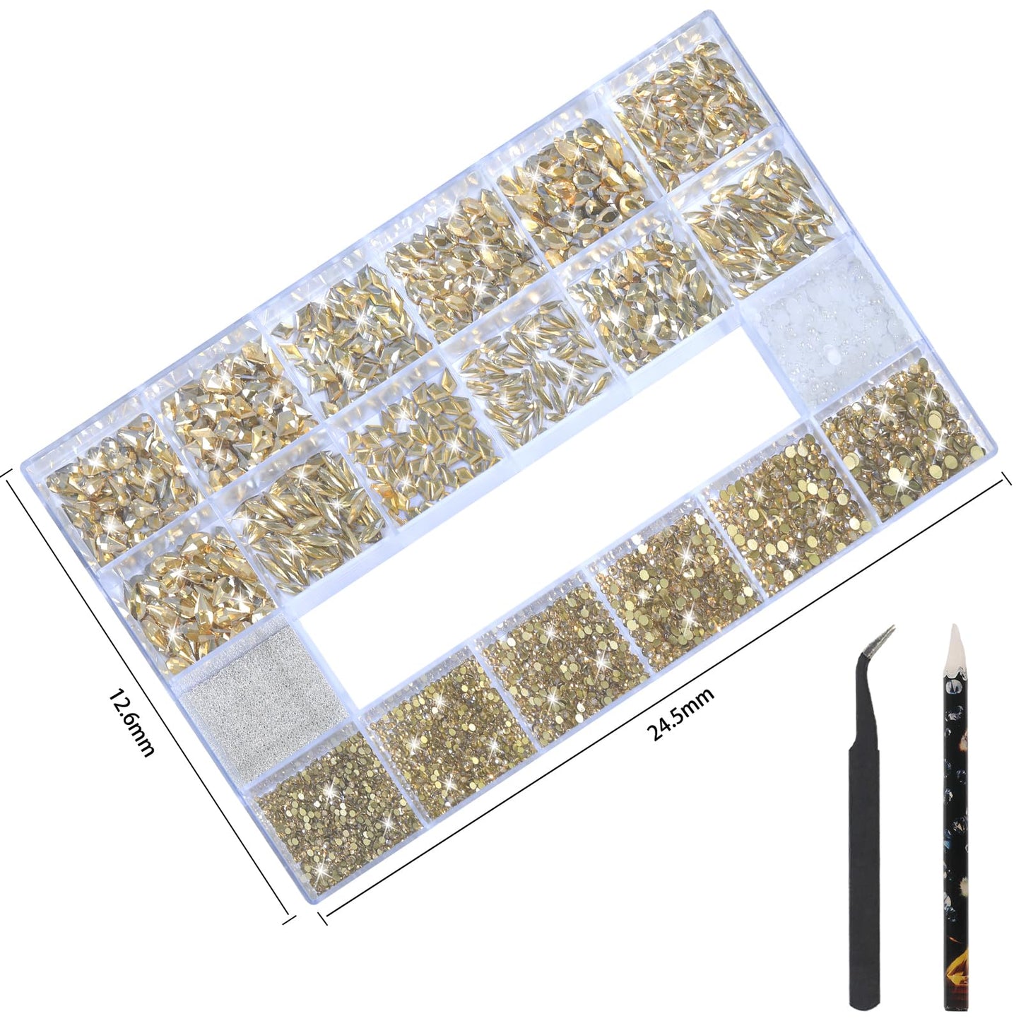 Nail Rhinestones - 3D Multiple Shape Size Gems, Champagne Gold, Manicure Beads, Pearls, Flatback Crystals Rhinestones, with Kit, for Nail Art Decor
