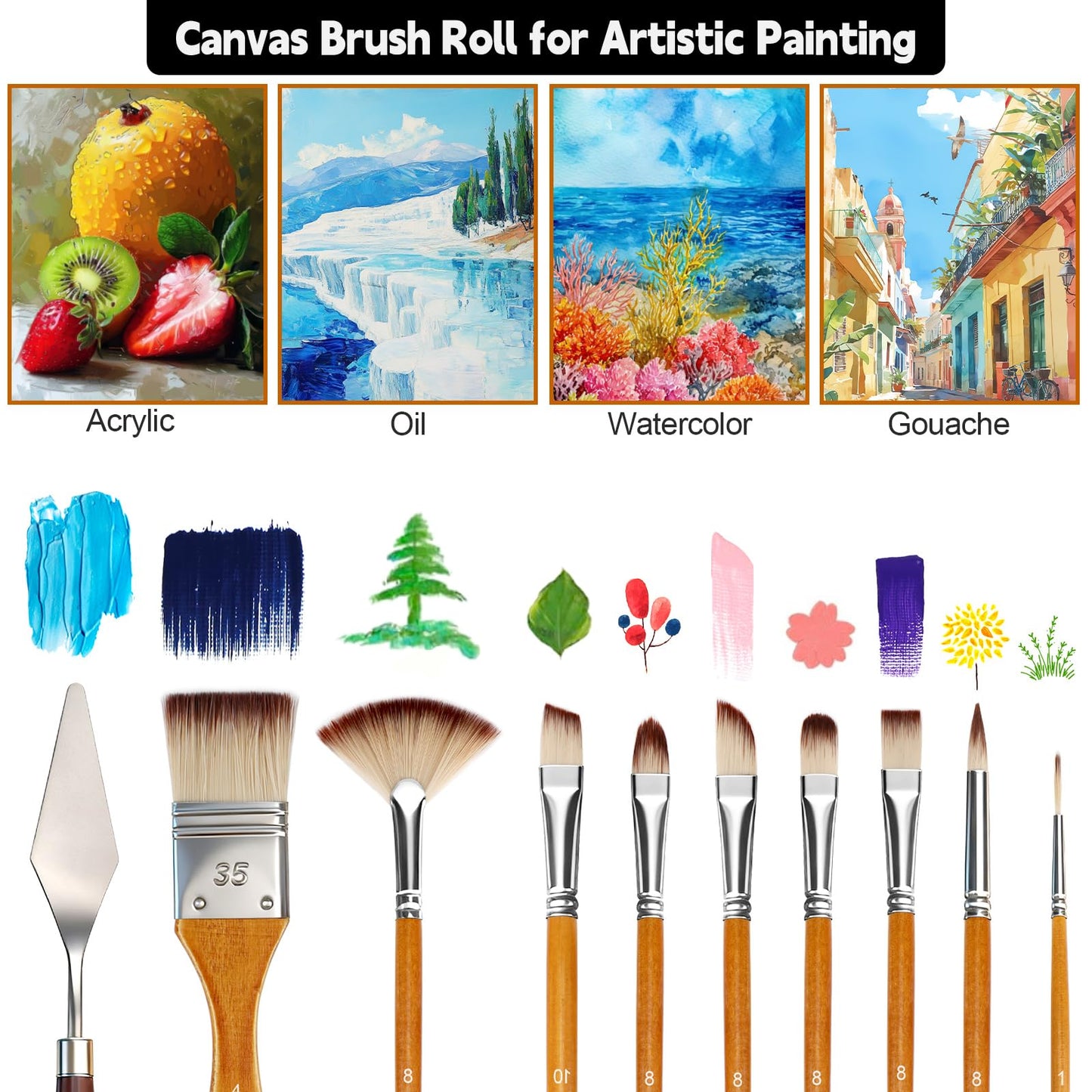 Halobios 25pcs Paint Brush Set, Professional Paint Brushes with Canvas Roll and Palette Knife, Acrylic Paintbrush Kit for Artist,Watercolor,Oil,Gouache