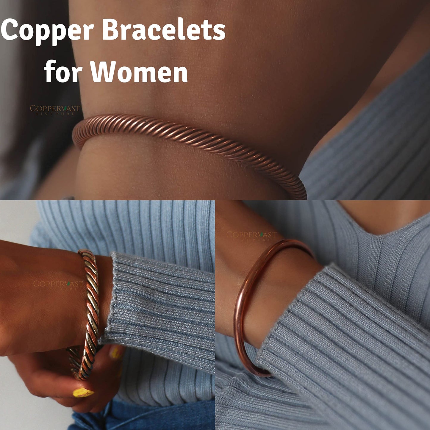 Coppervast Copper Bracelets- for Men and Women | Set of 3 with Gift Box | Valentine's Day Gift for Men & Women | Handmade 100% Copper