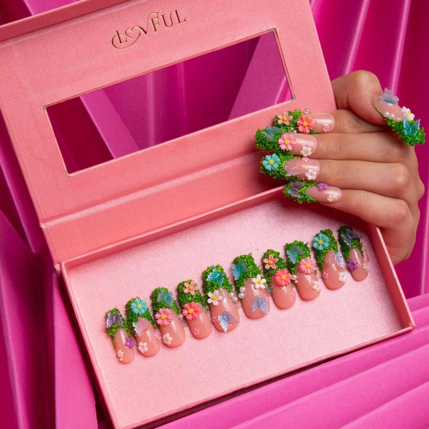 LOVFUL Press on Nails Fairy Tale Garden | Handmade with Full Covered Crystals | Reusable Full Cover Nails | Coffin Classic Regular 1.3 in | H151-L
