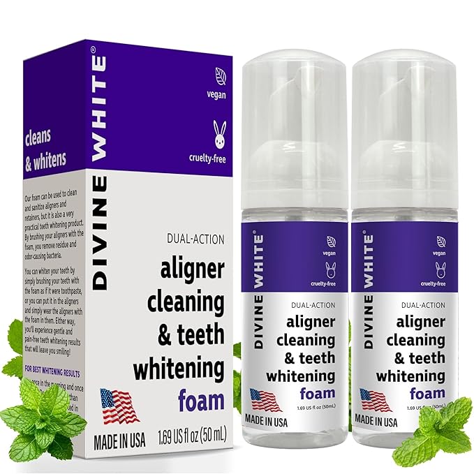 Dual-Action Stain Removal Aligner/Retainer Cleaner and Teeth Whitening Foam- Hydrogen Peroxide-Good for Invisalign, ClearCorrect, SmileDirectClub, Byte -Oral Care-Foam Toothpaste, 2-Pack