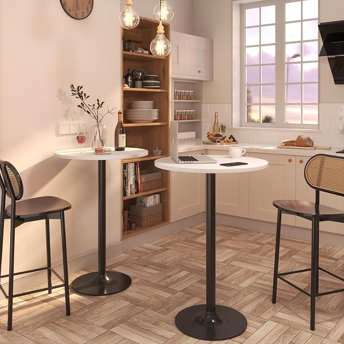 Furmax Bistro Pub Table Round Bar Height Cocktail Table for Home Bar, Small Round Bar Tables for Party, Dining Room, Living Room and Wedding, Metal Base MDF Top Obsidian, 40.6 Inch Height (2, White-1)