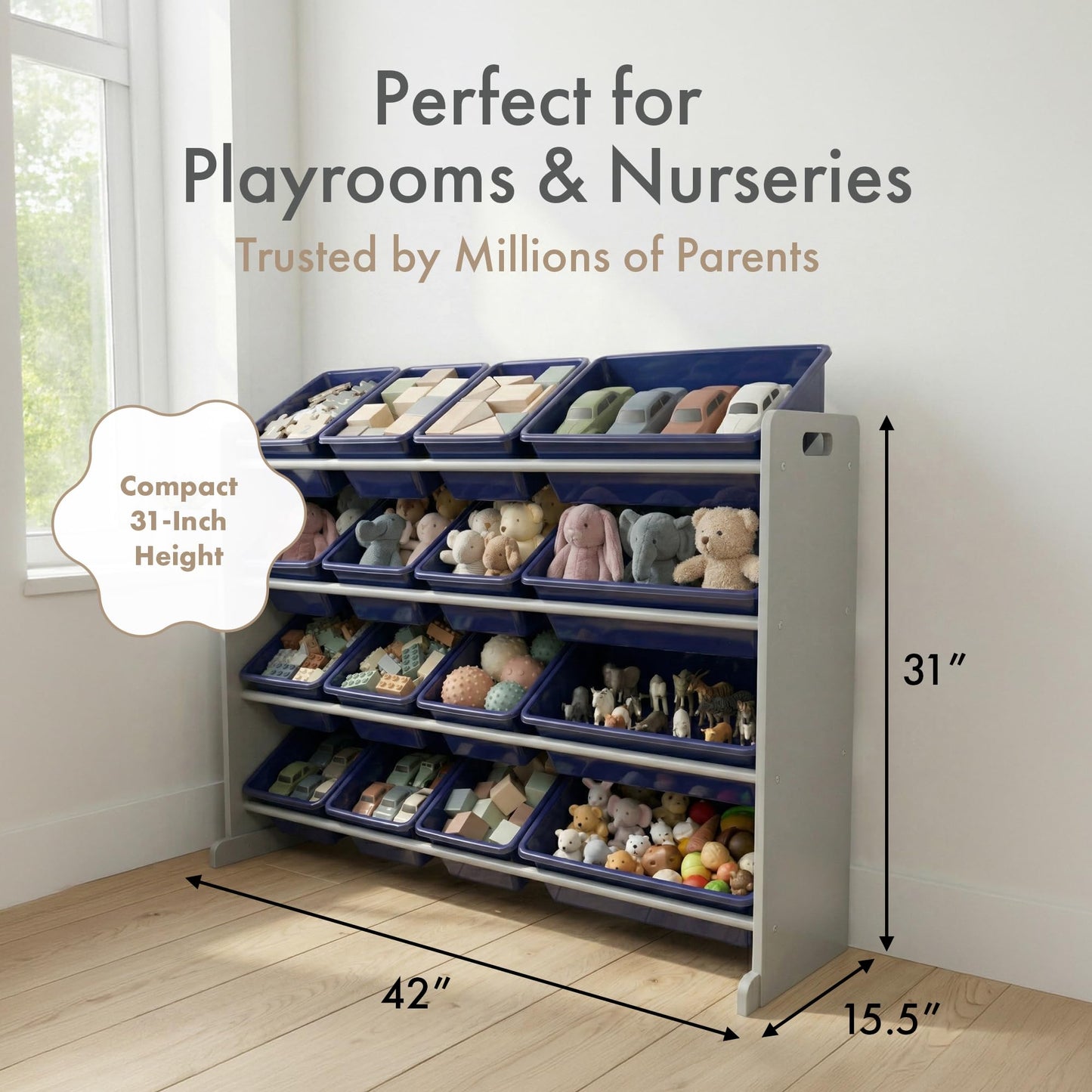 Humble Crew Toy Storage Organizer with 16 Removable Storage Bins for Kids Playroom, 4-Tier Toddler Toy Organization, Grey/Navy