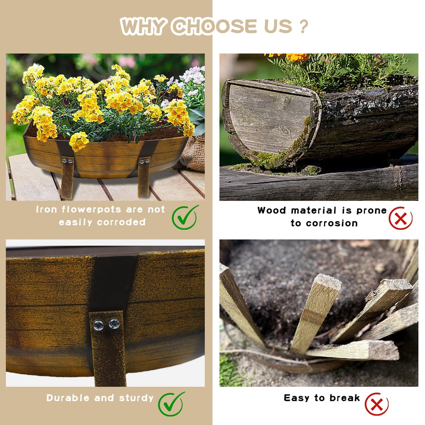 Aoutrow 15.43In 2 Pack Rustic Barrel Planters, Decorative Outdoor Garden Backyard Planter with Legs, Metal Flower Pot Half Barrel Planter Box, Brown