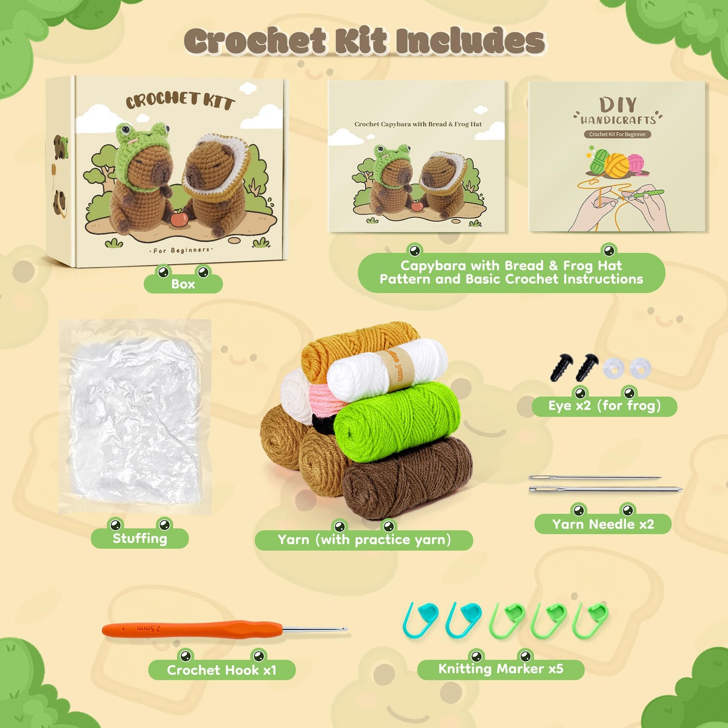 Capybara Crochet Kit for Beginners, 2PCS Capybara with Frog and Bread Hats Crochet Animal Kit with Step-by-Step Video Tutorials, Starters Crocheting Kits for Adult, Animals Knitting Kit for Birthday