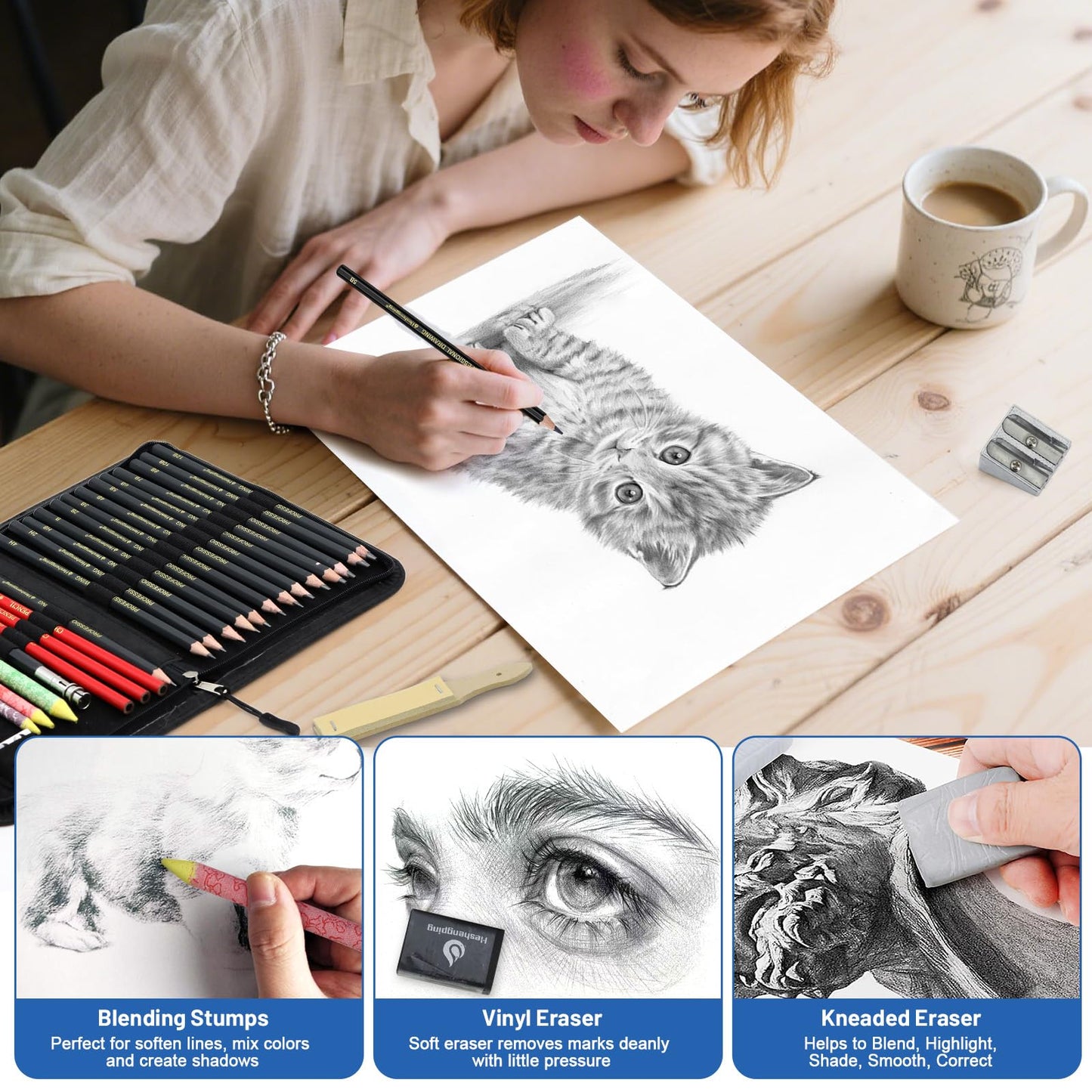Heshengping, Sketching and Drawing Pencils Set 26pcs, Art Supplies Drawing pencil Kit,Graphite Charcoal Professional Pencils Set, Adults Beginners Artist