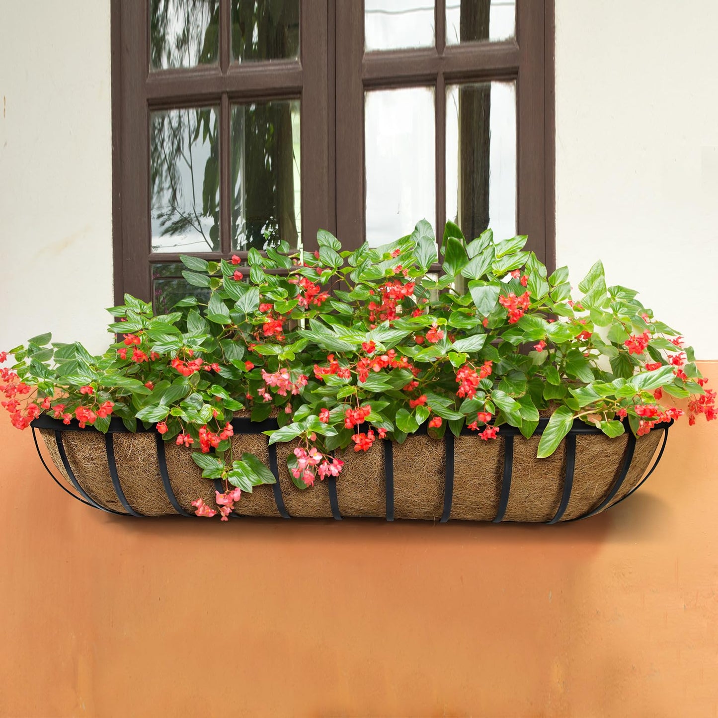 BeapTcely 4 Pack 36 Inch Window Deck Railing Planter Boxes with Coconut Liner, Large Hanging Window Flower Boxes Metal Railing Planter for Balcony Fence Porch (4, 36 Inch)