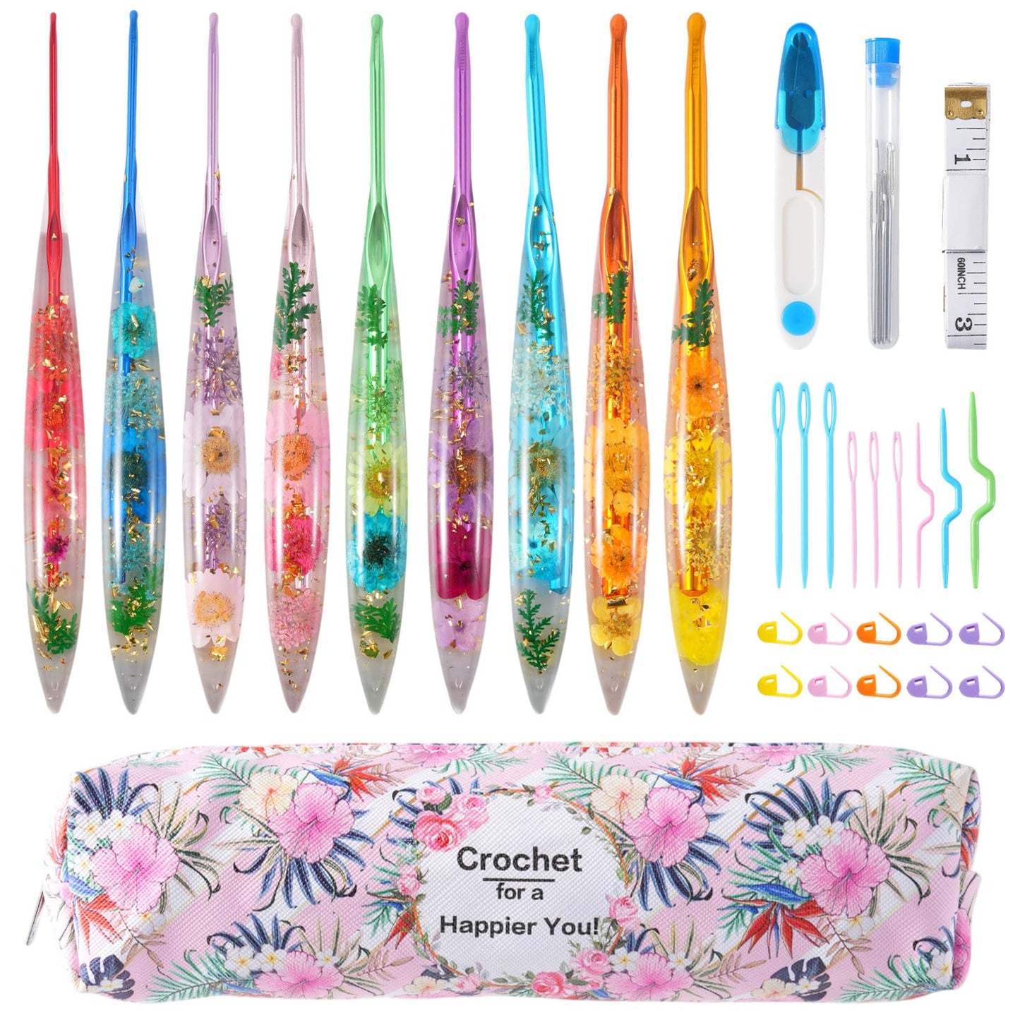 Jieting 9 Sizes Ergonomic Crochet Hooks Set 2.0mm–6.0mm with Floral Handles, Crochet Hook Kit for Beginners, Smooth Yarn Crochet Needles with Storage Bag & Accessories for Knitting Lovers