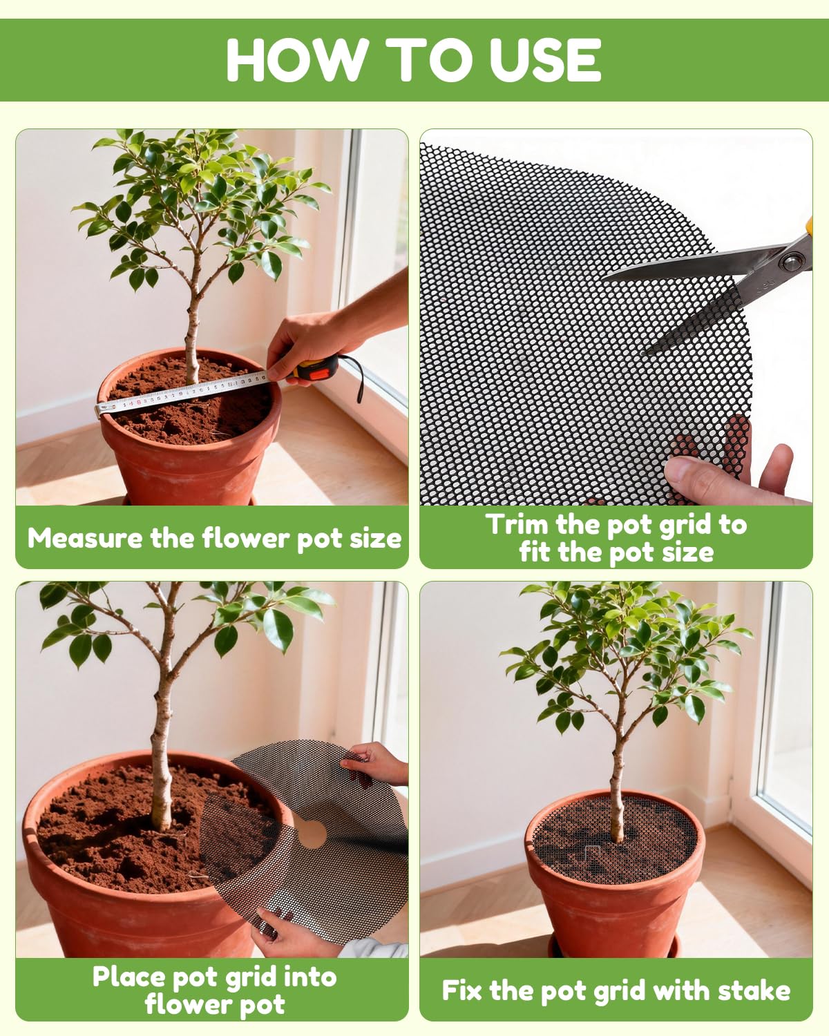 Ztzfacai 4 Pcs 15.7" Plant Pot Grids - Cuttable Plant Pot Soil Protector,Catproof Babyproof Flower Pot Grid Guard with 4 Nails,Indoor Potted Plant Protector,Animals Digging Stopper
