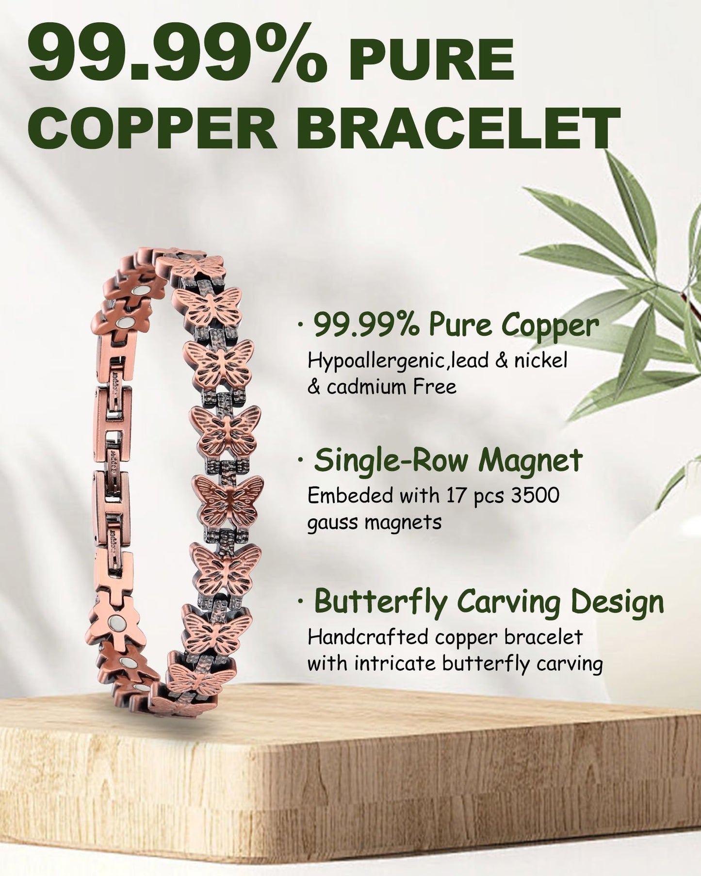 MagEnergy Copper Bracelet for Women, 99.99% Pure Solid Copper Bracelet with 3500 Gauss Magnetic, Adjustable, Jewelry Gift (Copper-Butterfly+Ring/A)