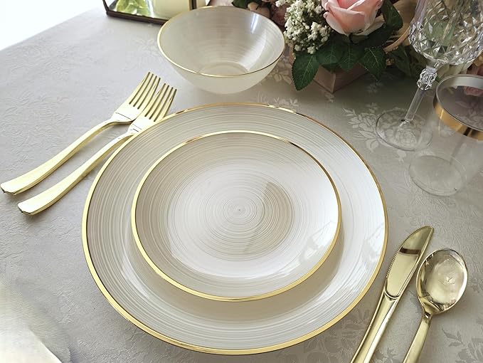 " OCCASIONS " 100 Plates Pack,(50 Guests) Premium Wedding Party Disposable Plastic Plates Set -50 x 10'' Dinner + 50 x 7'' Salad/Dessert (Belize in Ivory & Gold)