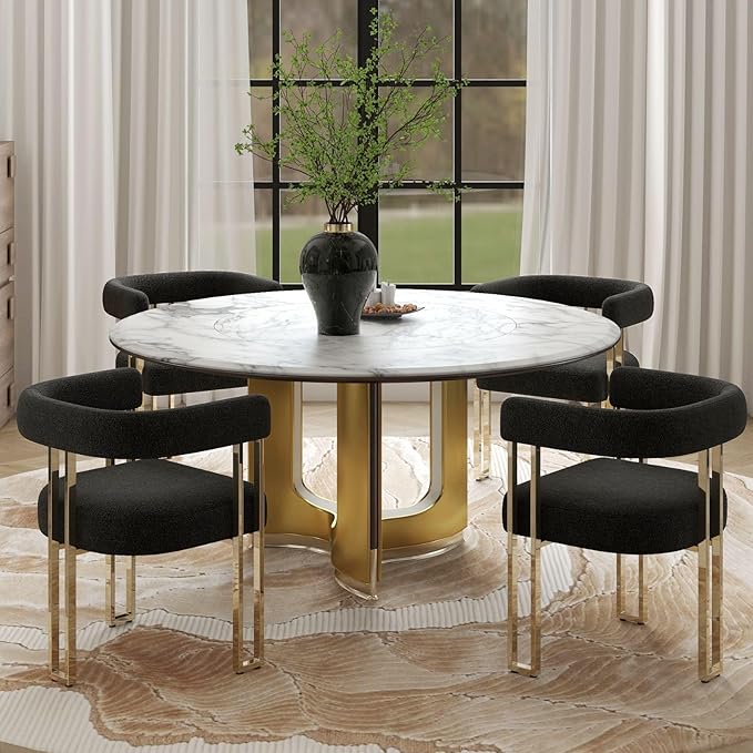 Set of 4 Modern Black Boucle Dining Chairs with Gold Metal Legs, Mid Century Accent Upholstered Barrel Armchairs with Open-Back for Kitchen, Dining Room, Living Room, Apartment