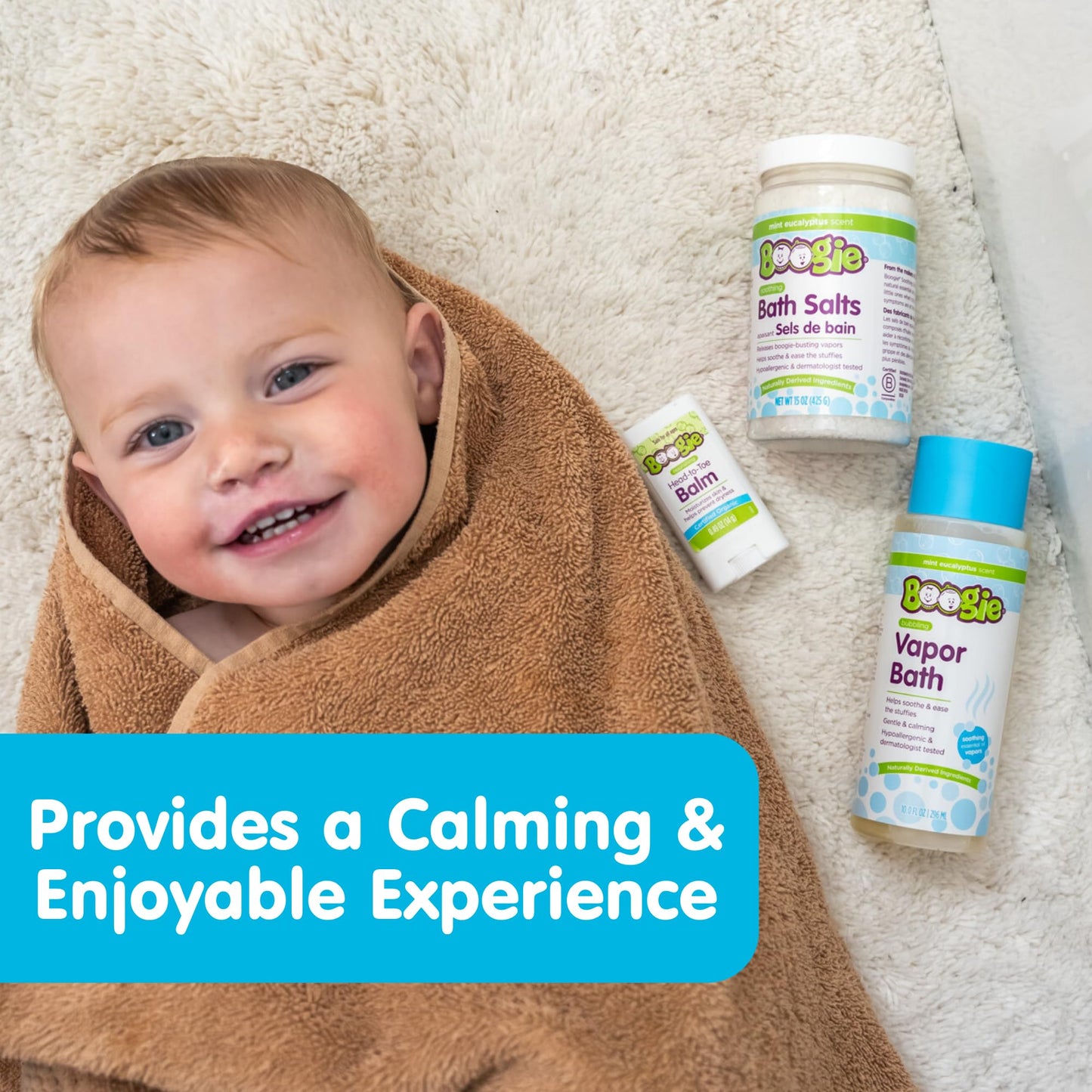 Boogie Spa Kit, Includes Boogie Kids Bath Salts, Eucalyptus, 15 oz (Pack of 1) Vapor Bath 10 Fl oz (Pack of 1) Chest Rub Stick 0.49 oz (Pack of 1)