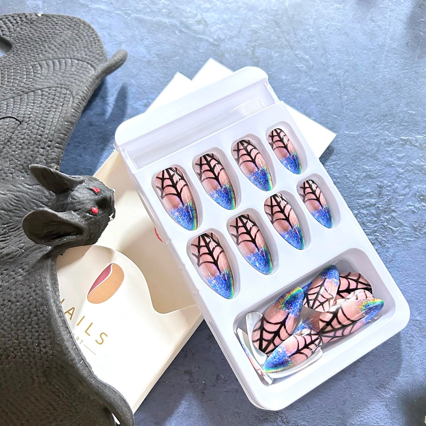 CJDLTS Halloween Press on Nails Medium Almond Black Spider Web Pattern Design Halloween Nail Full Cover Glossy Artificial Acrylic False Nail Laser French Tip Festival Stick on Nails for Women 24Pcs