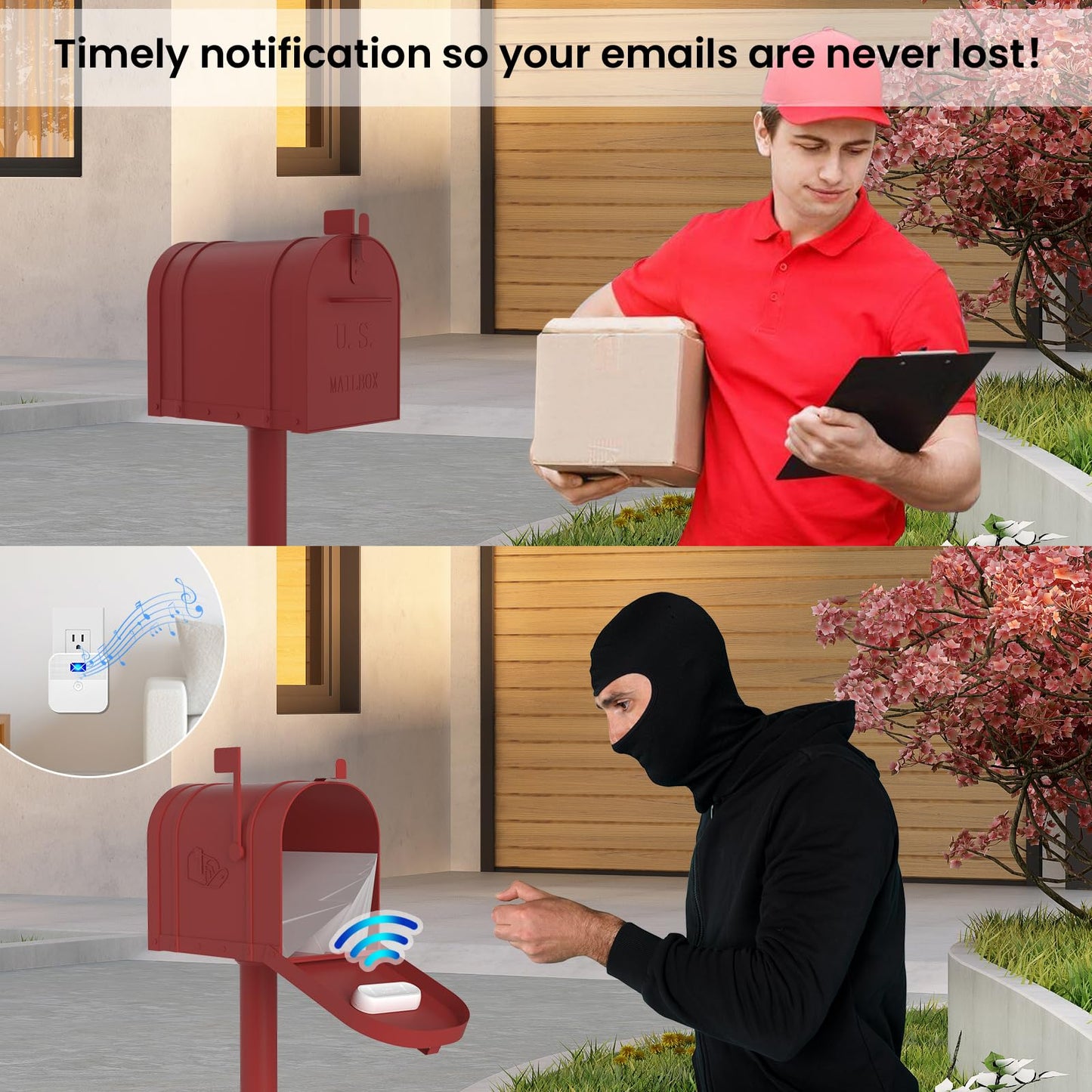 Mailbox Alarm Mail Chime Notification System-Mail Alarm 600 ft Long Range Wireless Mailbox Alert with LED Light Flashing and Sound Reminderser