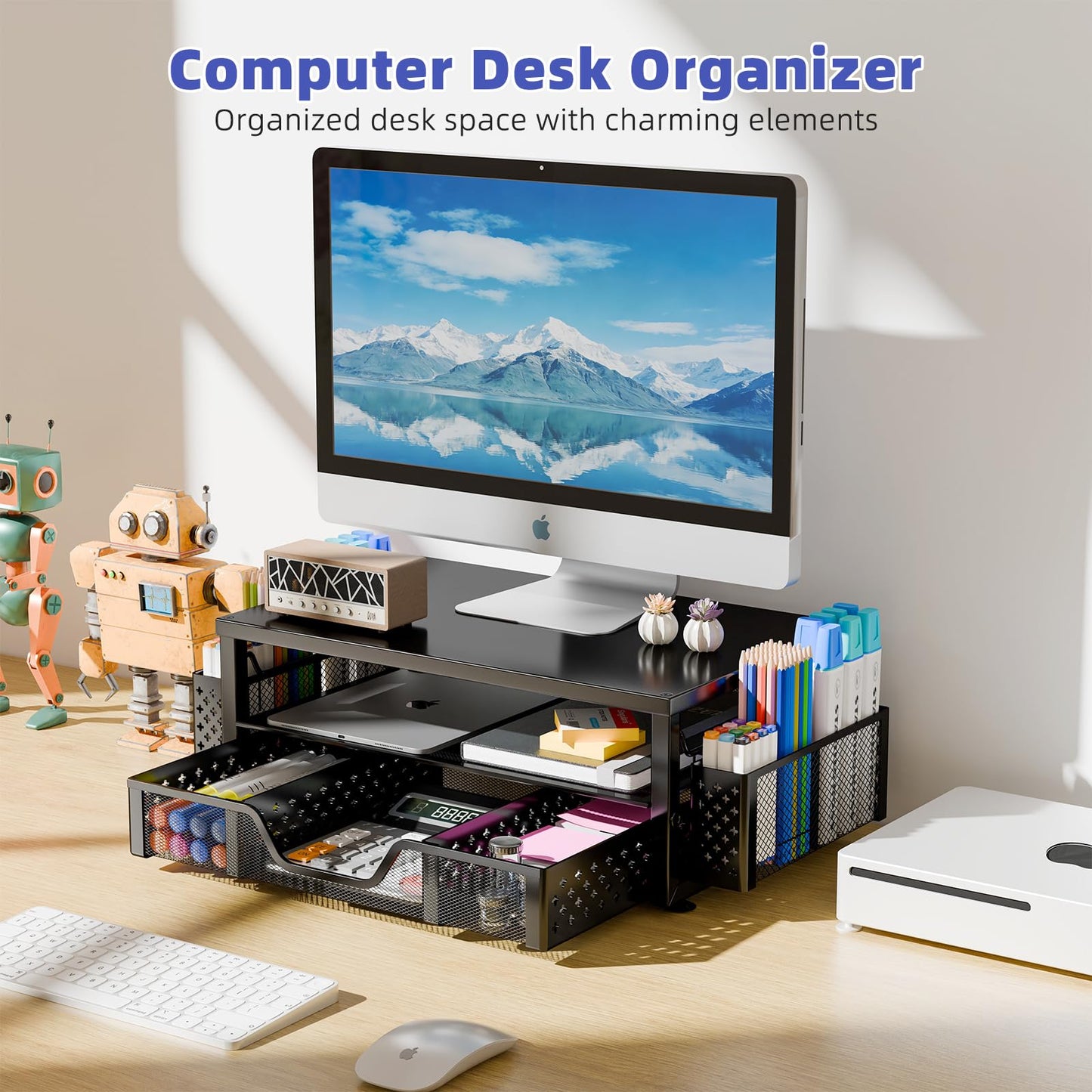 Simple Trending Desk Organizer and Accessories, 2-Tier Computer Monitor Stand Riser with Drawer and 2 Pen Holders for Office Supplies, Black